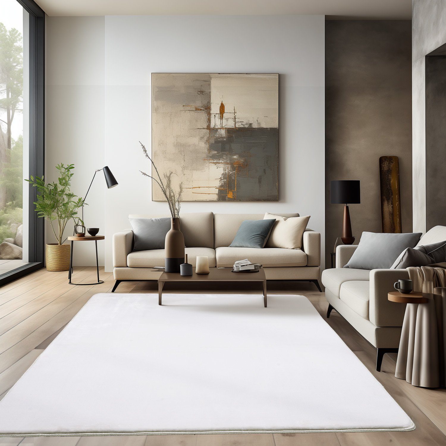 Teppich Unicolor - Einfarbig, HomebyHome, Flauschiger Teppich Wohnzimmer Einfarbig Soft Felloptik Anti-Rutsch Weiß