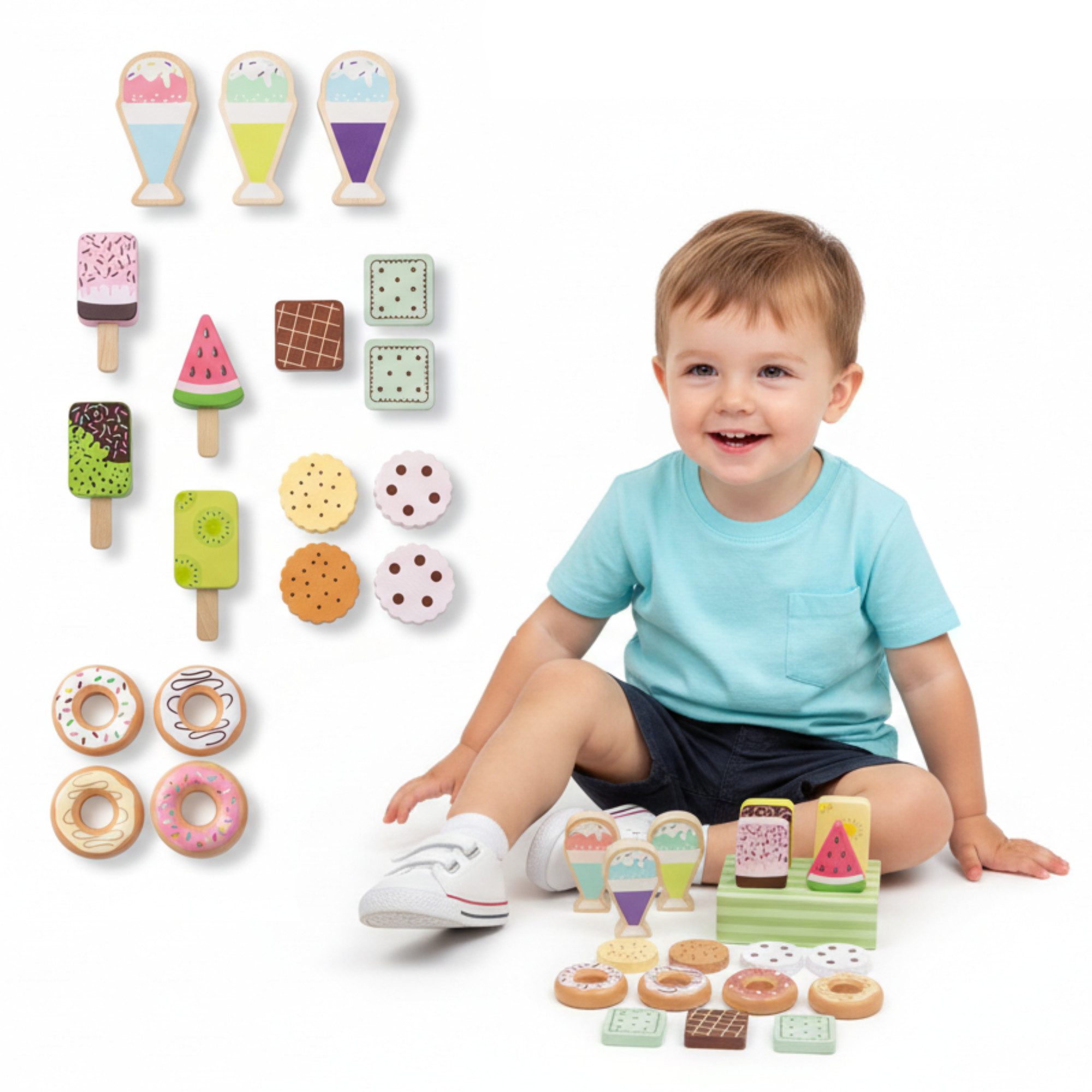 Mamabrum Spielküche Mamabrum Holz Spielset Konditorei 19 Teile Kinder wood, Complete Pastry Shop Set
