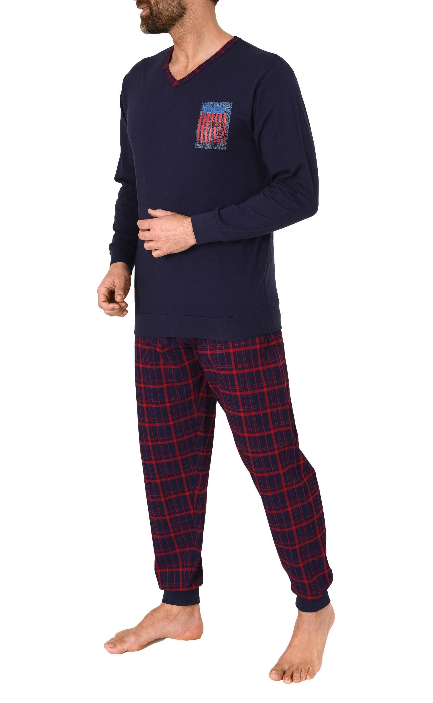 Normann Pyjama Herren langarm Schlafanzug mit Bündchen und karierter Jersey Hose – Bild 2 von 4