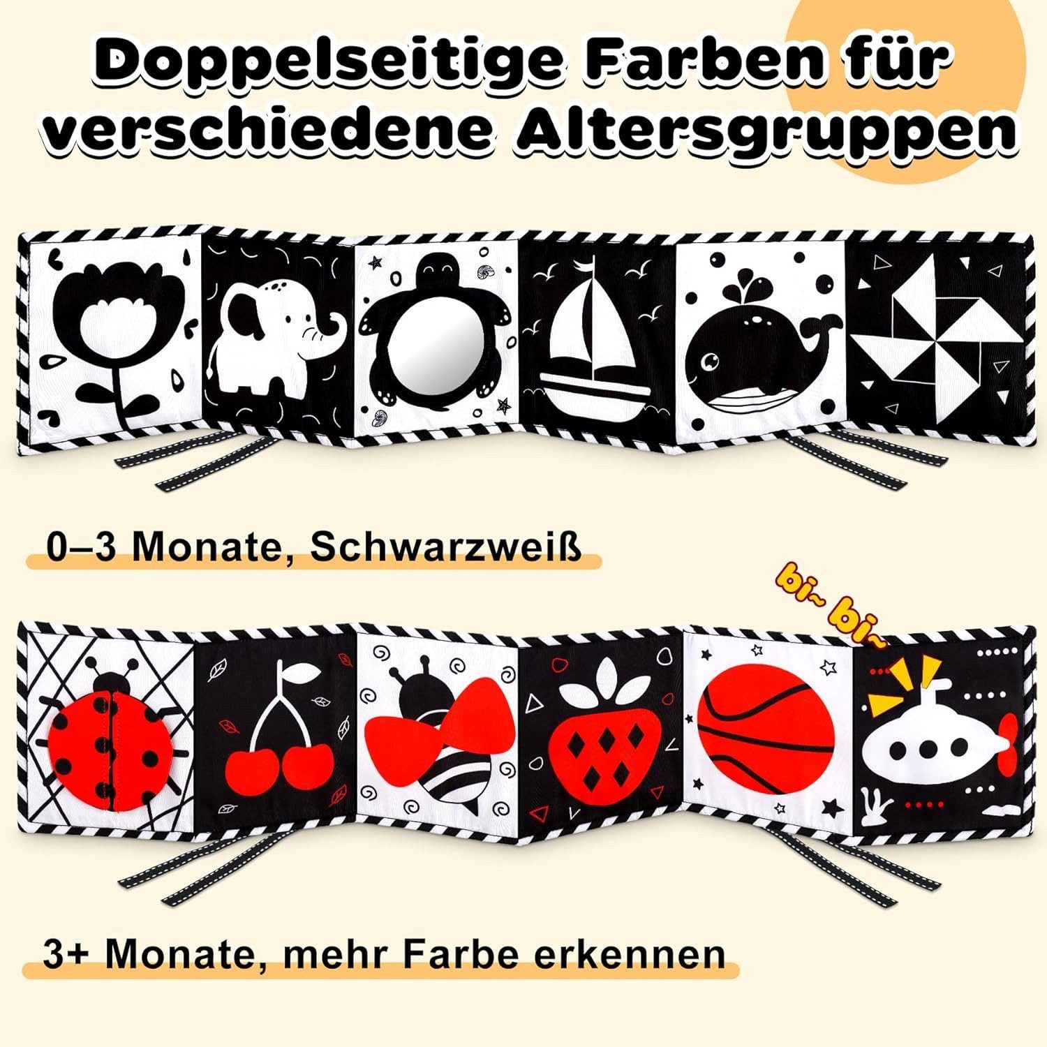 Ophy Lernspielzeug 31-teiliges Kontrastbuch-Set für Babys (0–12 Monate) (Schwarz-Weiß & Rot, Stoffbuch mit Spiegel, Kontrastkarten), ideales Geschenk für Neugeborene