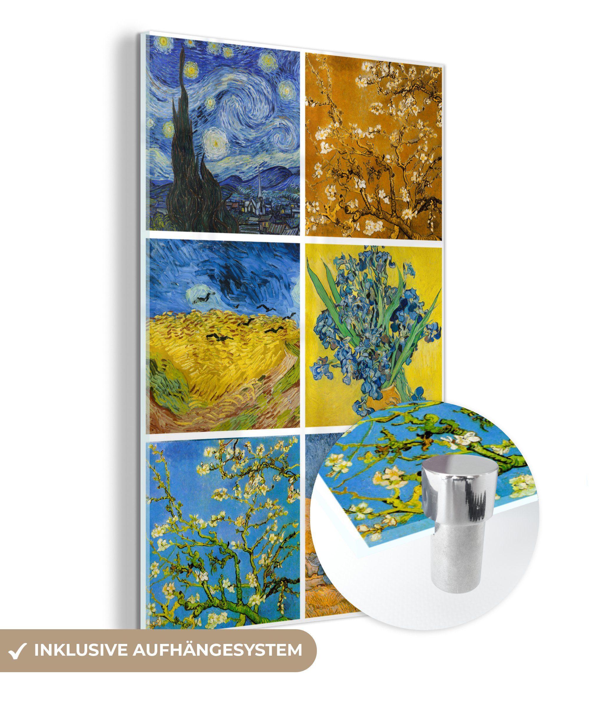 MuchoWow Acrylglasbild Van Gogh - Collage - Sternennacht, (1 St), Glasbilder - Bilder auf Glas Wandbild - Foto auf Glas - Wanddekoration