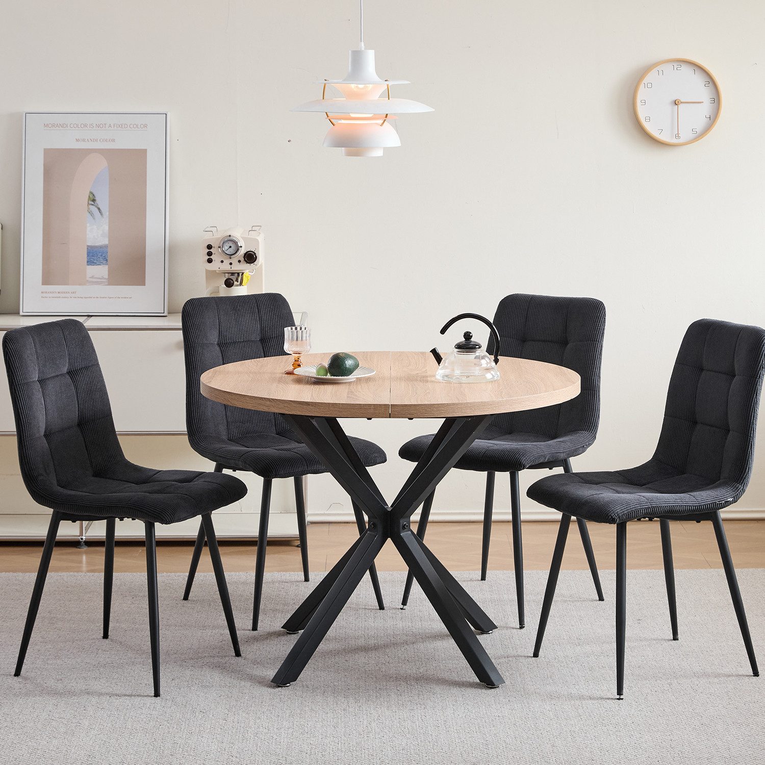 GrandCA HOME Essgruppe Tisch- und Stuhl-Set im Nordischen Stil, Essgruppe mit Stühlen, (5-tlg), Stühle aus Dutch Velvet / Cord, Metallbeine, Schwarz/Grau