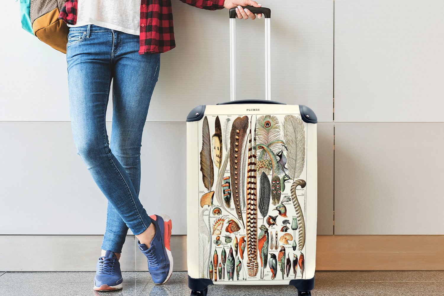 MuchoWow Handgepäckkoffer Federn - Tiere Reisetasche Trolley, mit Vögel, Ferien, Rollen, - rollen, Handgepäck Reisekoffer für 4