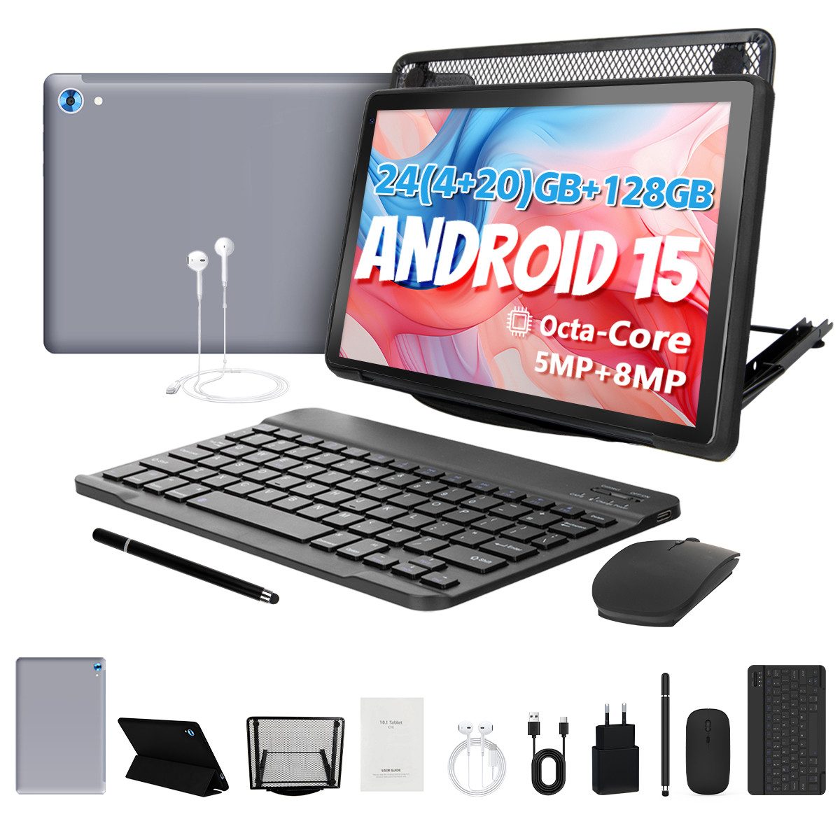 BUFO 10.1 Zoll Android 15, 24(4+20)GB+128GB, 1280x800 HD, incl. Hülle Set Tablet (10", 128 GB, Android, Octa core mit Tastatur, Stift, Maus, Hülle, Kopfhörer, WiFi 6 BT 5)