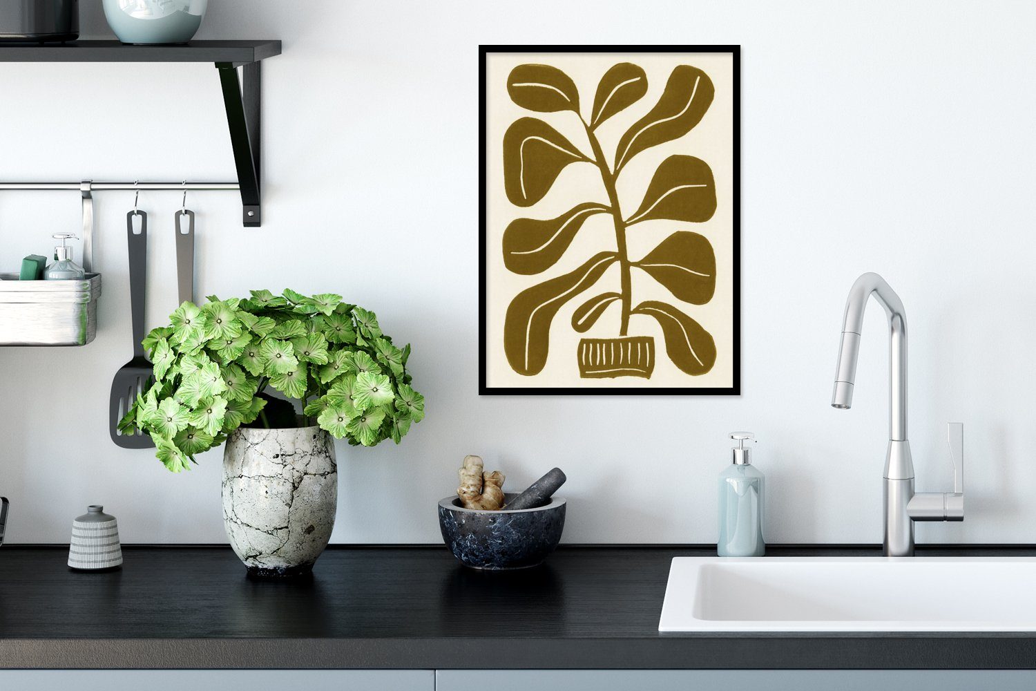 Poster St), MuchoWow - Bilderrahmen - (1 - Blume Blatt, Rahmen, Gerahmtes Poster, Pastell mit Kunstdruck, Schwarzem Pflanze