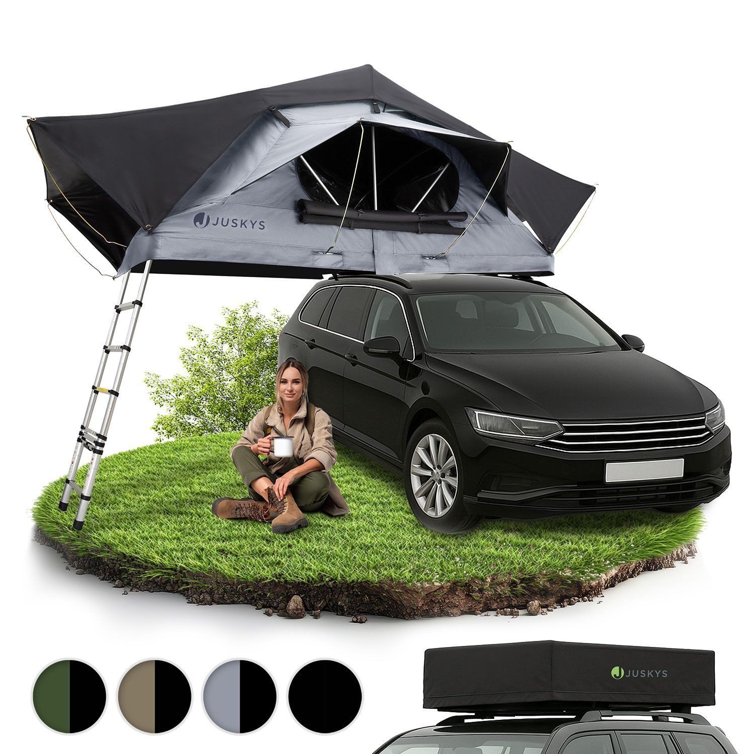 Juskys Dachzelt Lago, Wasserdicht, Teleskopleiter, 2 Personen Zelt, LED Beleuchtung