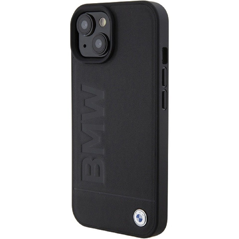 BMW Handyhülle Case iPhone 15 Echtleder schwarz Logo Metall 6,1 Zoll, Kantenschutz