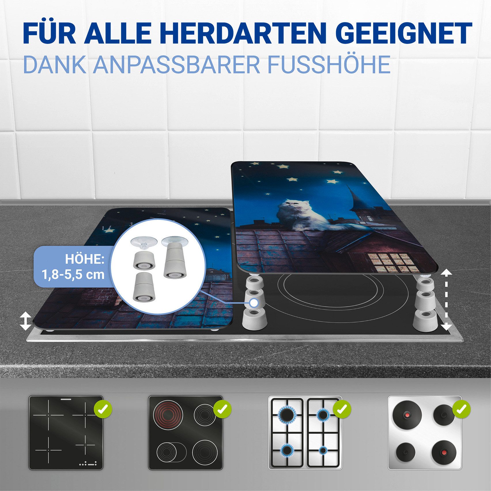 WENKO Herd-Abdeckplatte Universal Modell Moon Cat, Glas, (Set, 2 tlg), Herdabdeckung für alle Herdarten, kratzfest, mit rutschfesten Füßen