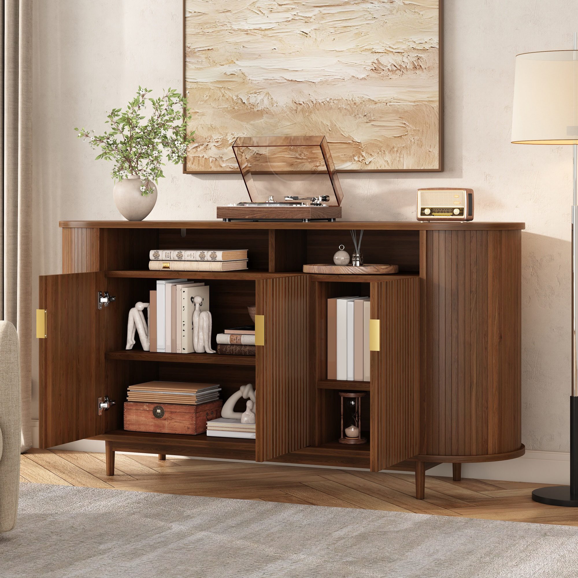 Odikalo Sideboard Mehrzweckschrank runden mit vertikaler Linienstruktur OffenStauraum (3 Türen Holzoptik Anrichte Wohnzimmer Schrank Aufbewahrungsschrank MDF PB mit Kiefernholz Füßen Modernes Stauraummöbel)