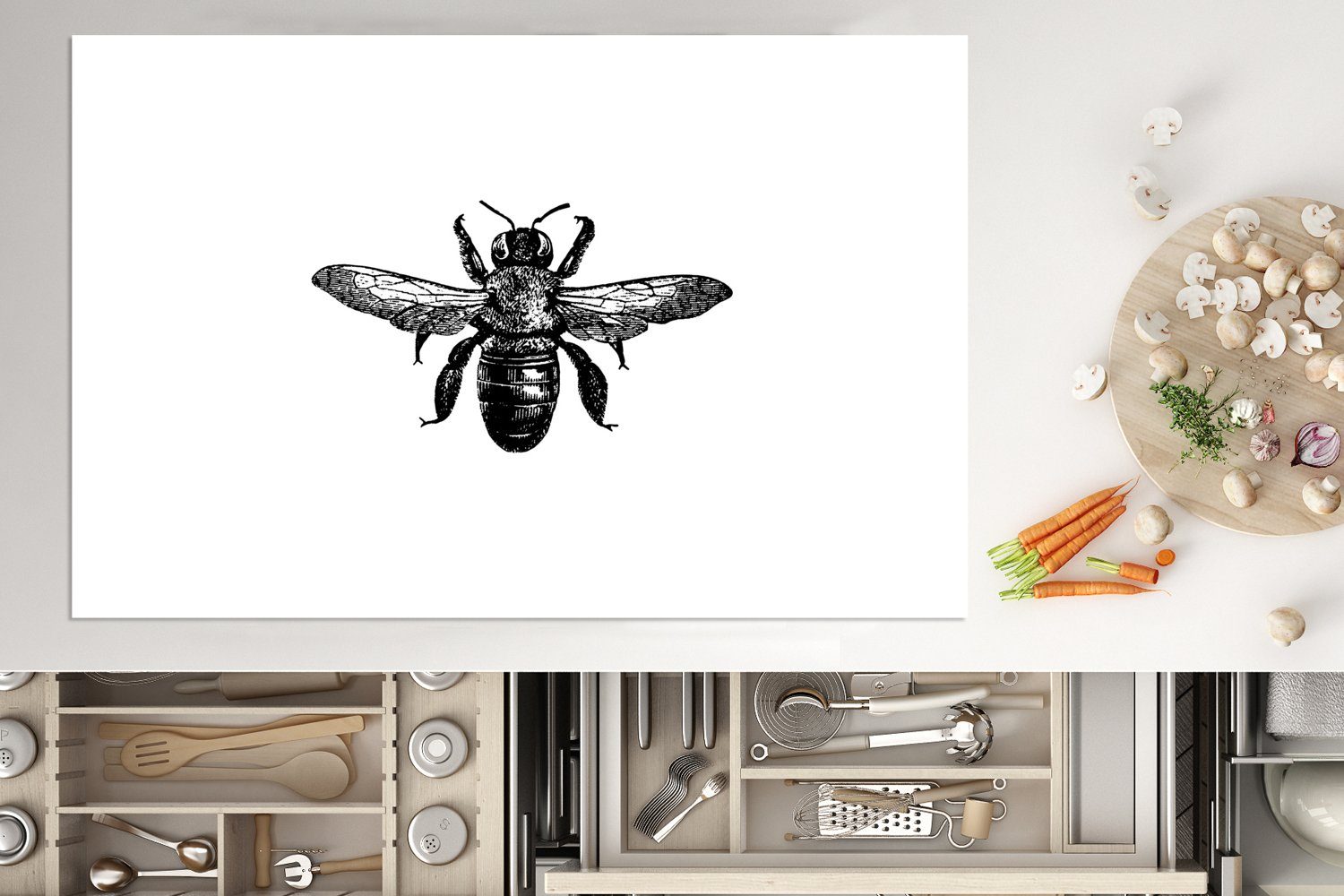 Insekt Vintage Herdblende-/Abdeckplatte küche, Vinyl, weiß, Induktionskochfeld Biene (1 Schwarz Ceranfeldabdeckung MuchoWow 80x52 tlg), Schutz die und cm, - - - für