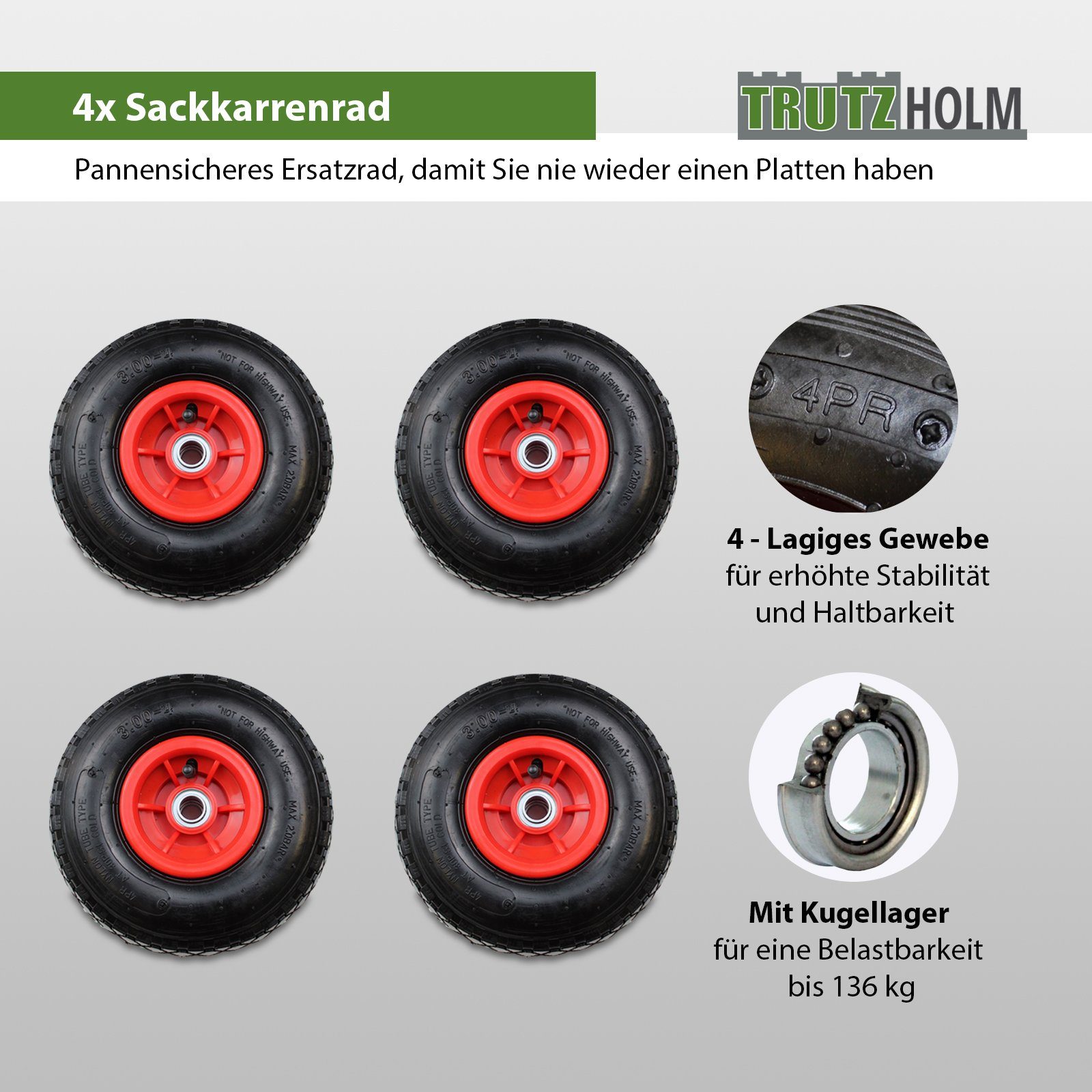 Sackkarren-Rad 4x Sackkarrenrad Luftrad 260 x 85 mm 3.00-4 Bollerwagenrad Ersatzrad