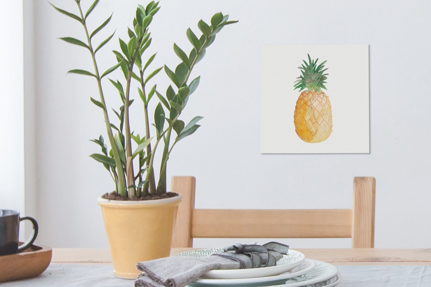OneMillionCanvasses® Leinwandbild (1 Leinwand Bilder Wohnzimmer Weiß, Schlafzimmer - für Aquarellfarbe - Ananas St),