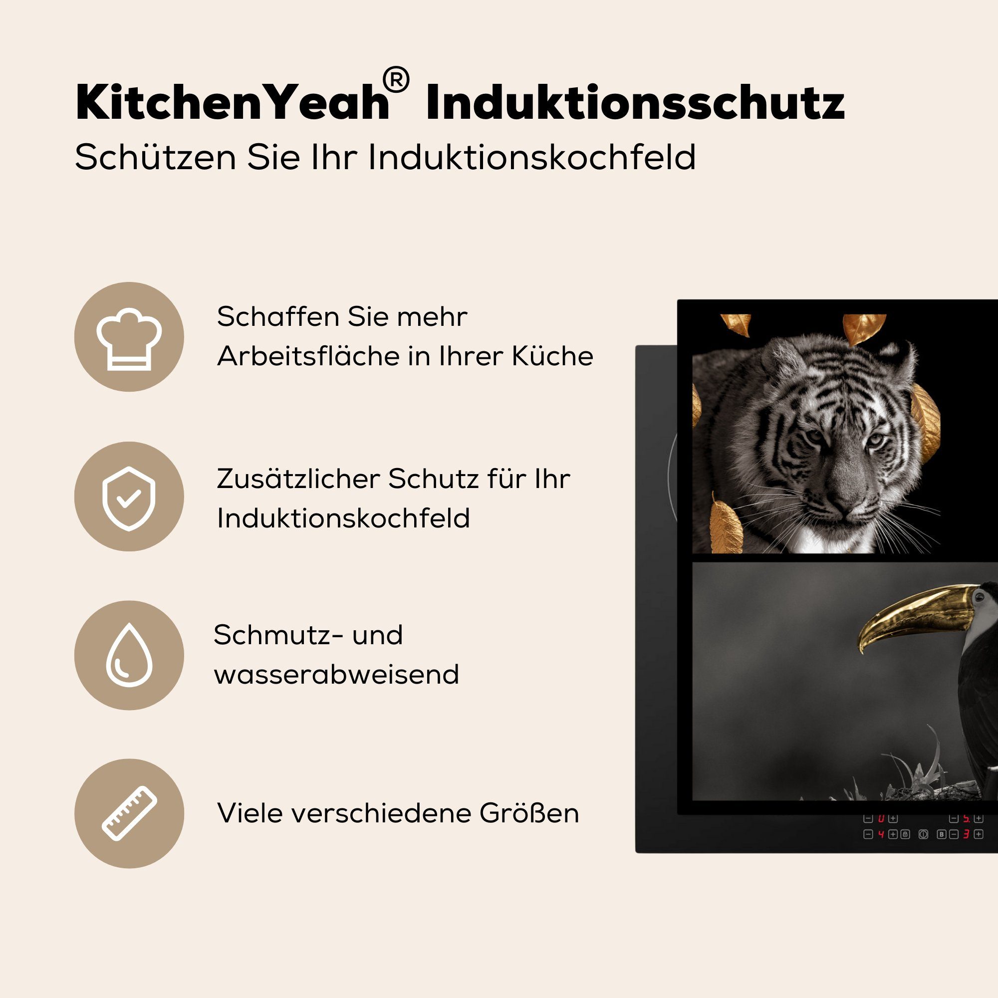 MuchoWow Herdblende-/Abdeckplatte Collage - Tiere - für Ceranfeldabdeckung (1 Induktionskochfeld küche, Blattgold, cm, 81x52 die Vinyl, tlg), Schutz
