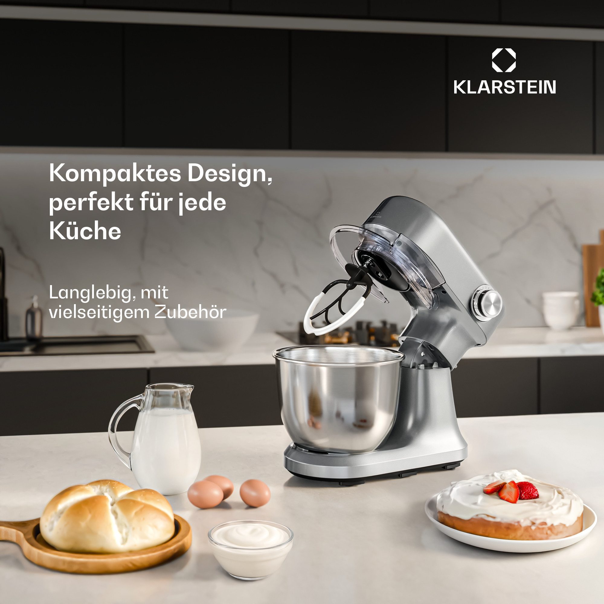 Klarstein Küchenmaschine mit Kochfunktion, 1500 W, 5 l Schüssel, Kompakt Küche maschine 5 L 12 Stufe Pulsfunktion 1500 W Silber