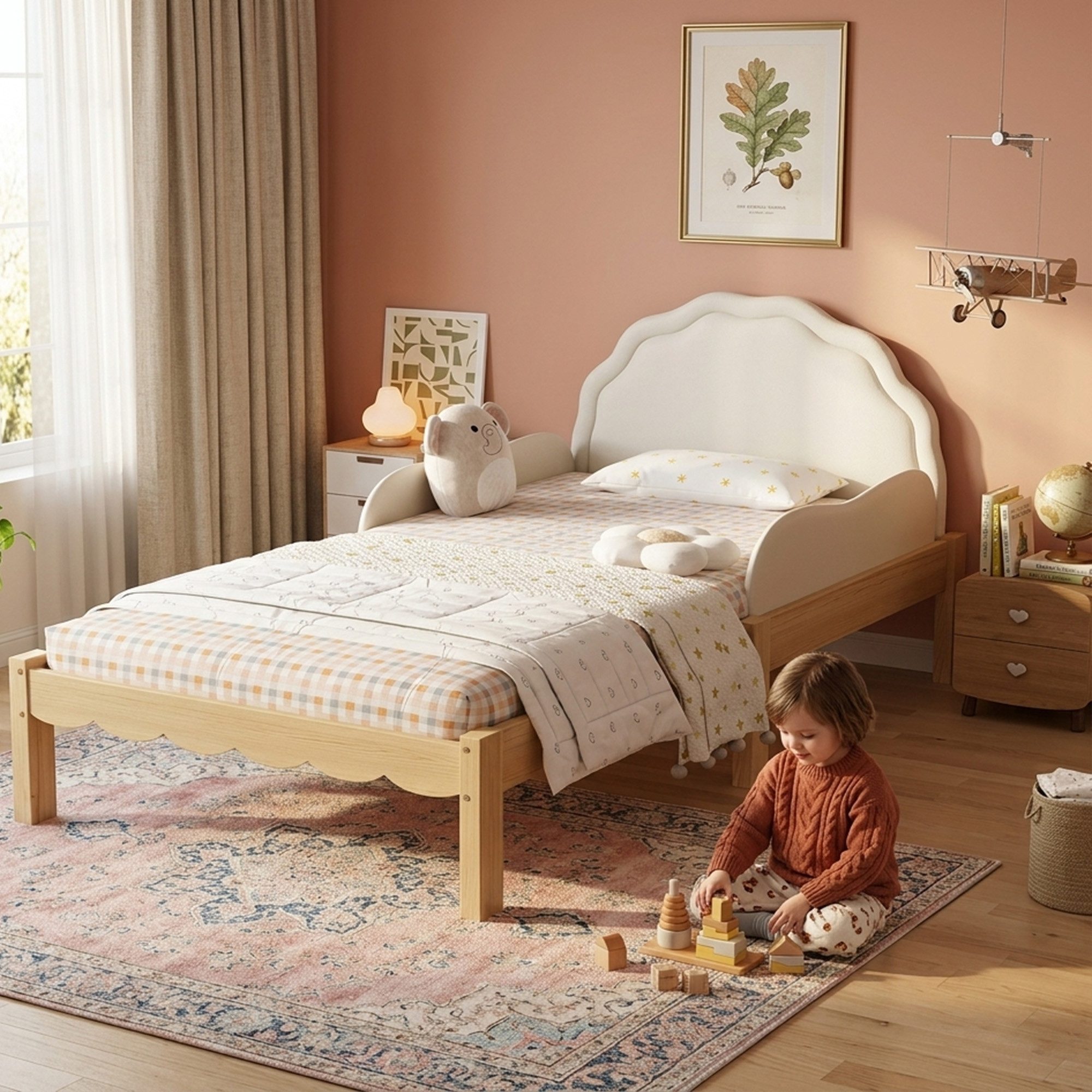 BlingBin Kinderbett Einzelbett mit PU-Kopfteil, seitlichen Schutzleisten und Latten (Kinder-Polsterbett, 1-tlg., Bettgestelle 90x200 cm), Holzbetten Natur, Holzrahmen, kindgerechtes Design, Beige