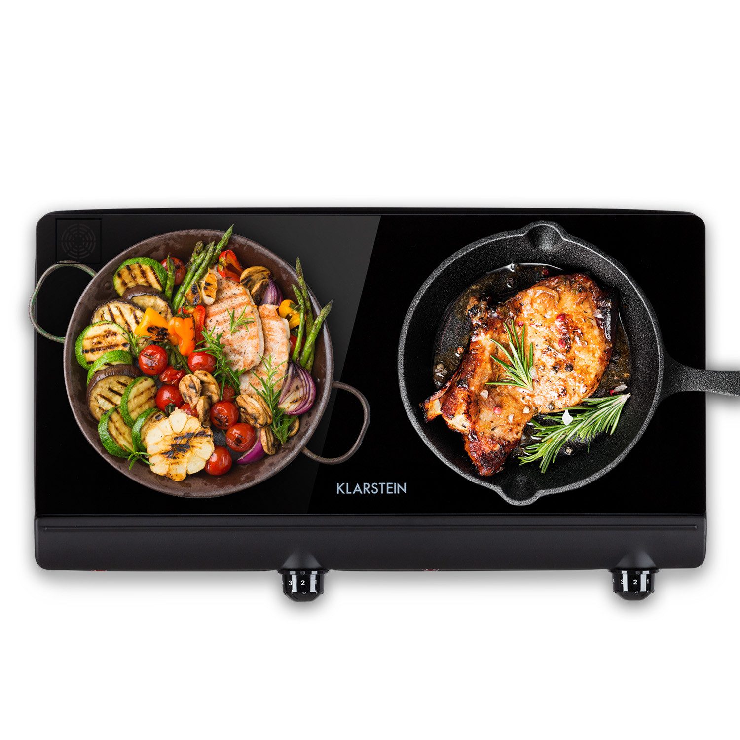 Klarstein Elektro-Kochfeld Cookbuddy Doppel-Kochfeld 2400W 2 Zonen 5 Stufen Glas Thermostat, Doppelkochfeld portabel mobil mit Glaskeramik abwischbar leise