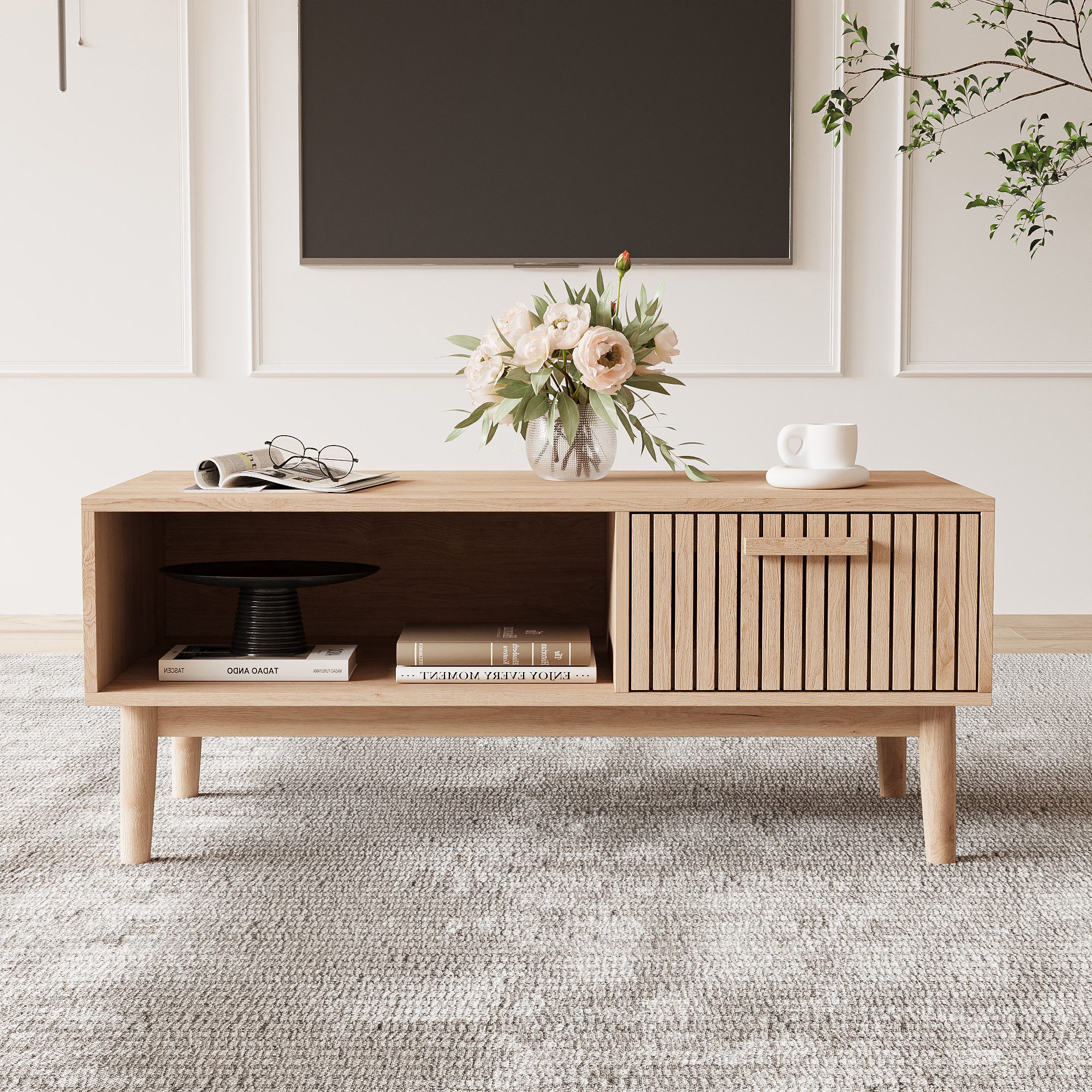 FUROKOY Lowboard aus Rattan, Wohnzimmertisch,Couchtisch aus Holz, mit Schub günstig online kaufen