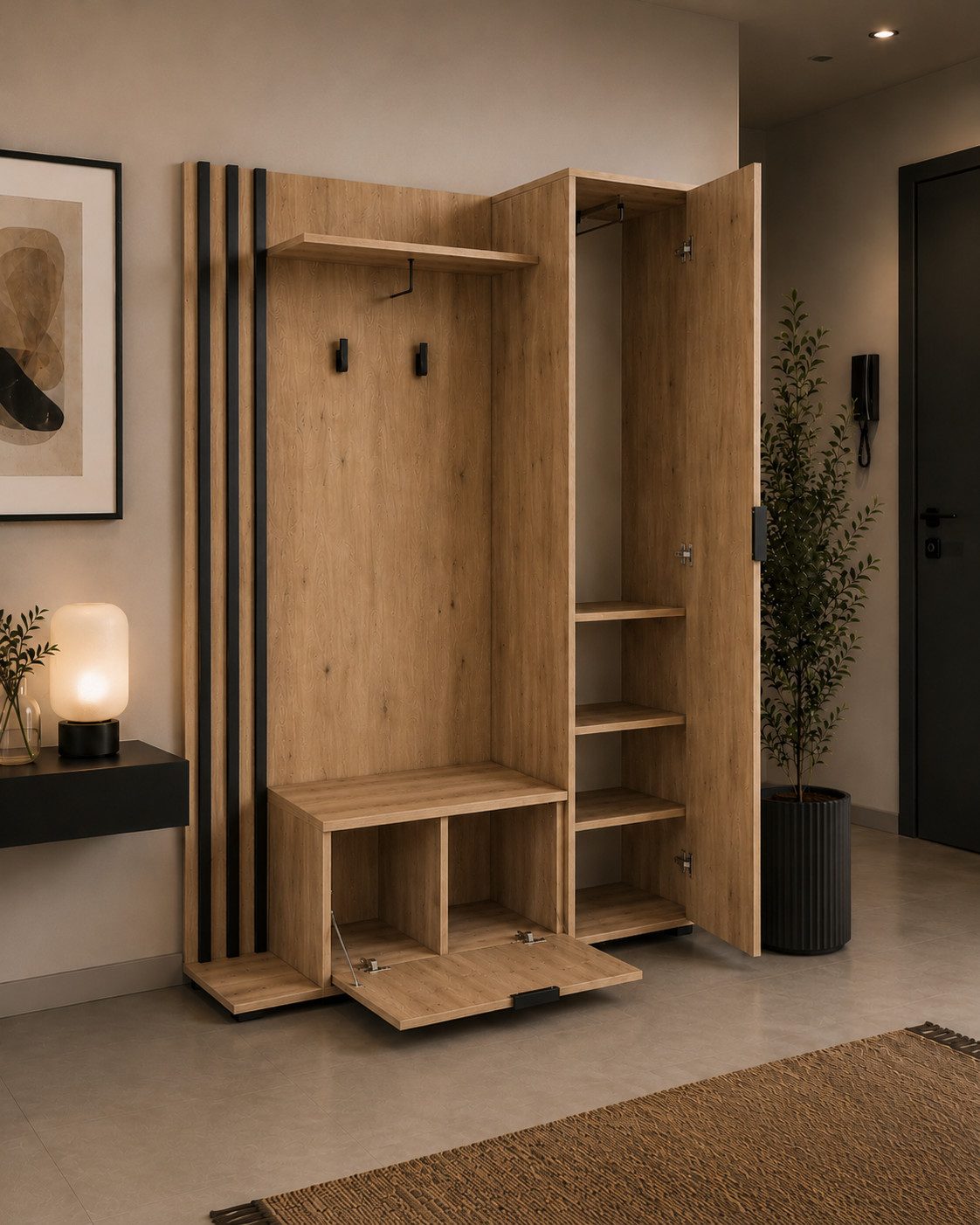 MOEBLO Kompaktgarderobe JOHN (Dielenschrank Wandschrank Regal Diele & Flur Kleiderschrank Schuhschrank, mit Spiegel Flurgarderobe Schrank Kompaktgarderobe), (BxHxT): 135x197x34cm