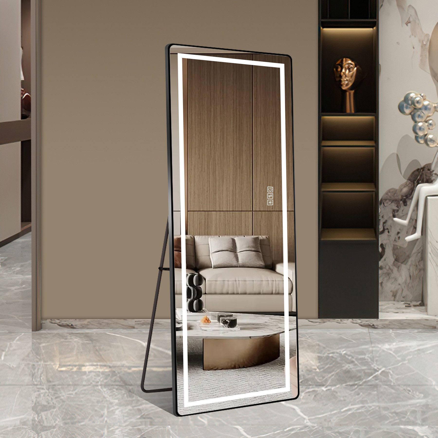 REDOM Ganzkörperspiegel Standspiegel (LED Standspiegel mit 3-Farb-Dimmung Schwarz/Silber, 1-St., 163 × 54 cm)