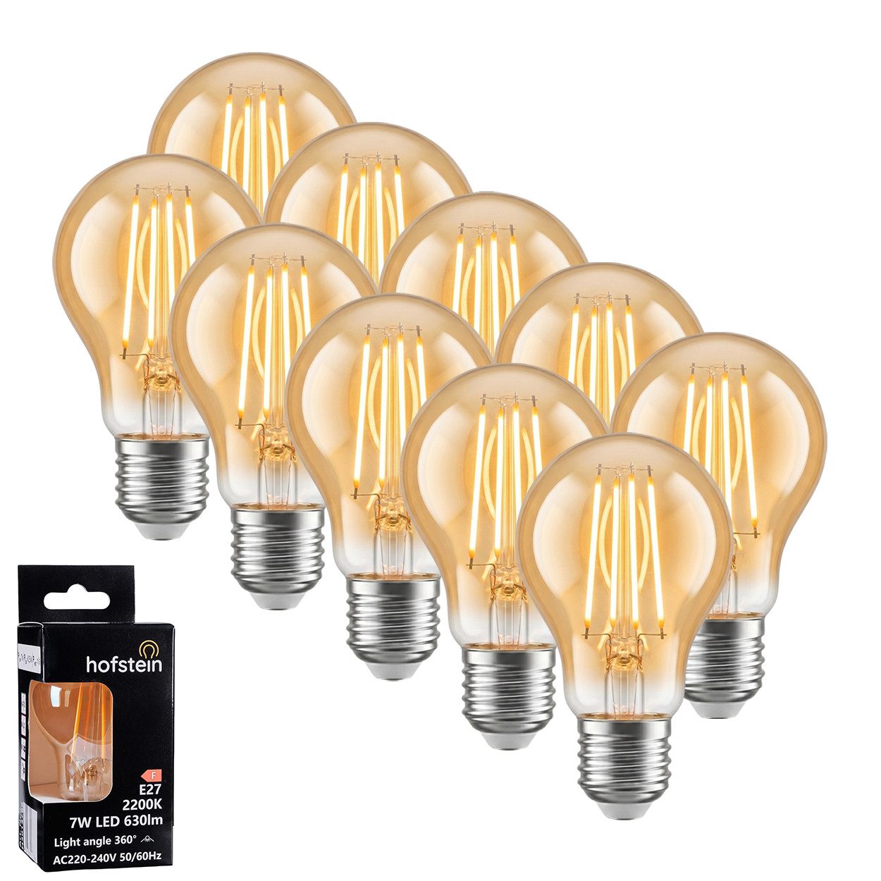 hofstein LED-Leuchtmittel 10er Set Glühbirne Extra Warmweiß 7 Watt Filament, E27, 2200 Kelvin, 630 Lumen, Klassisch, Amber