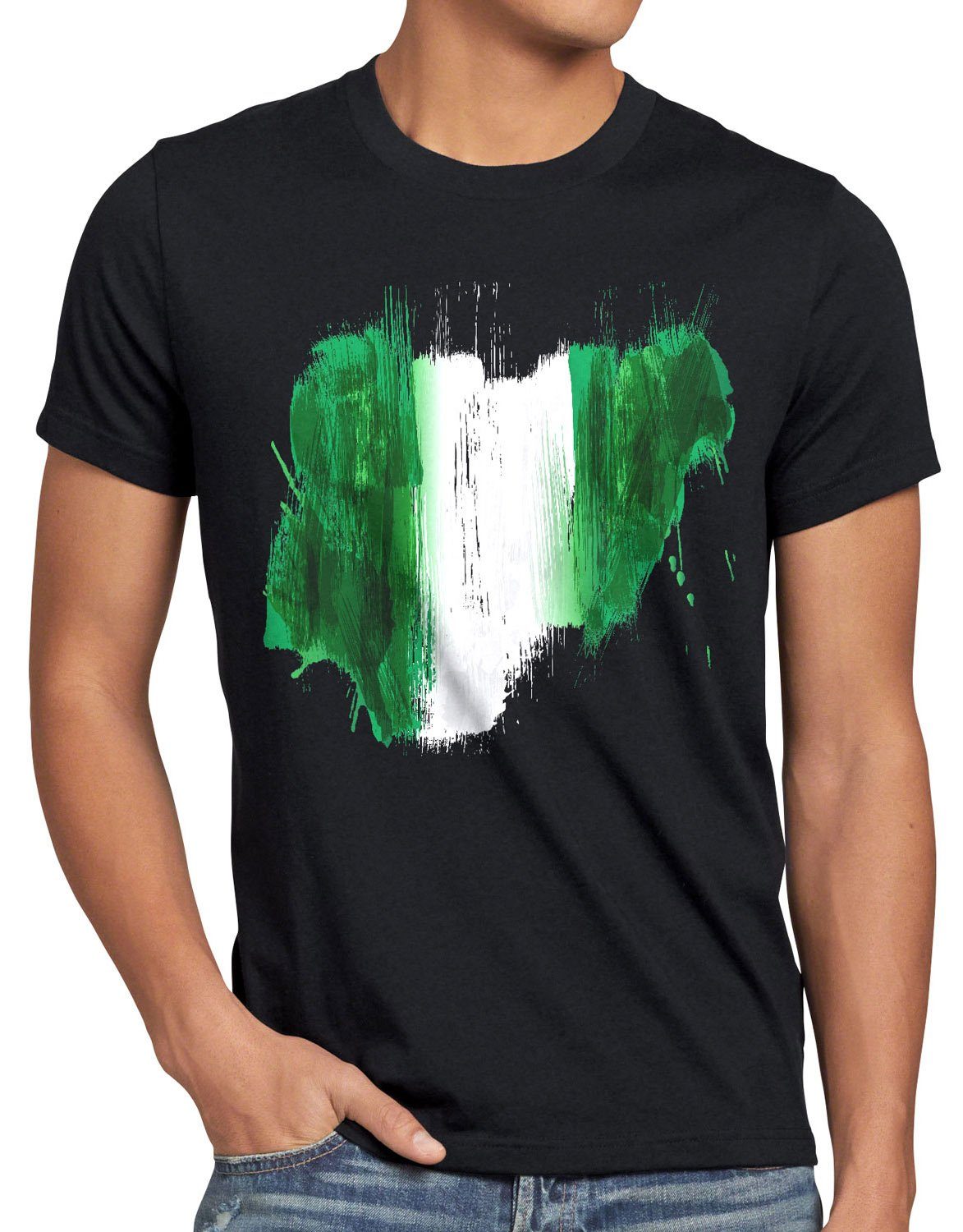 Herren WM schwarz T-Shirt Sport Print-Shirt style3 Fußball Flagge Fahne EM Afrika Nigeria