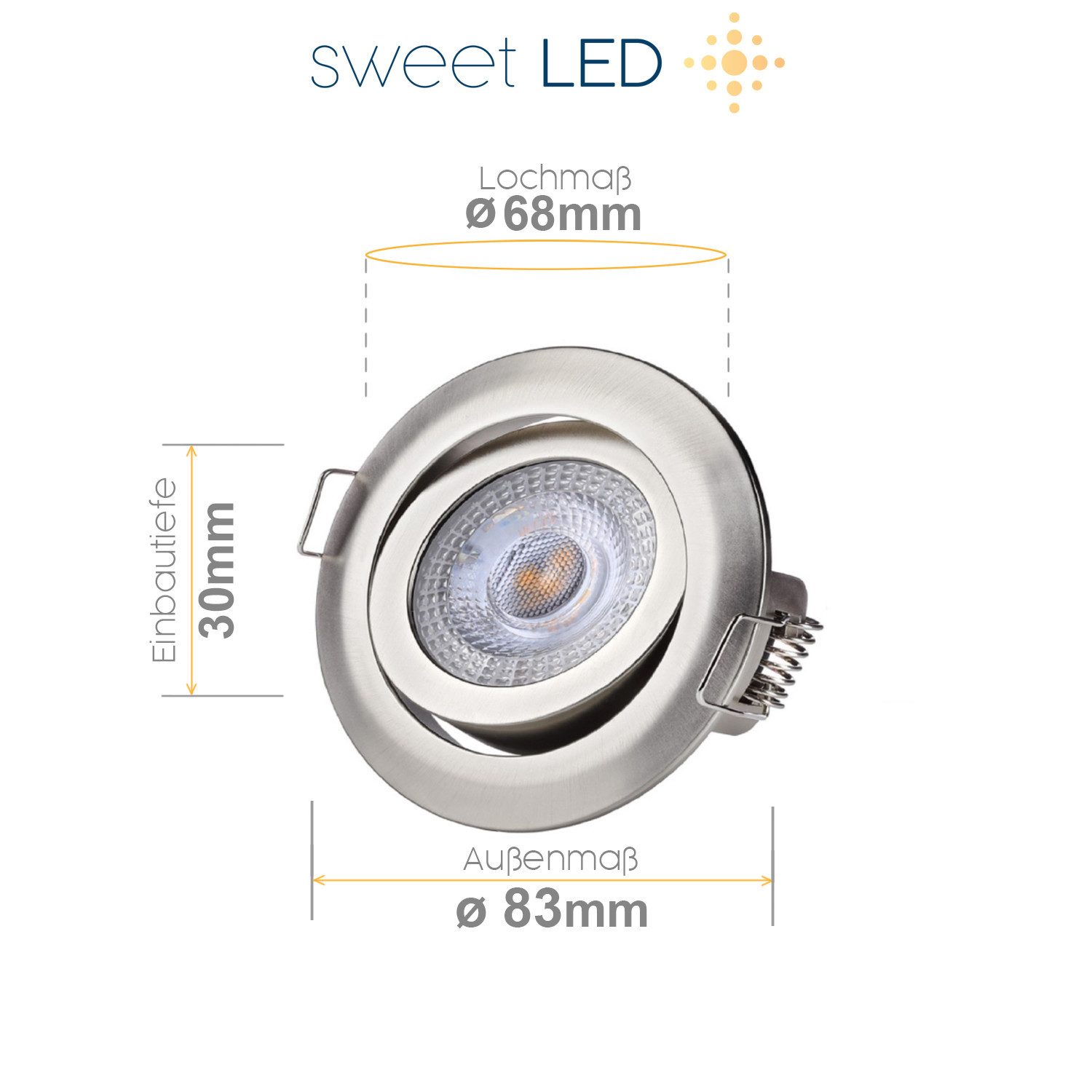 Sweet LED LED Einbaustrahler 6er Set 5 W Deckenspots rund chrom 3-Stufen dimmbar schwenkbar 230V, Deckenspots, Deckenstrahler,Einbauleuchten