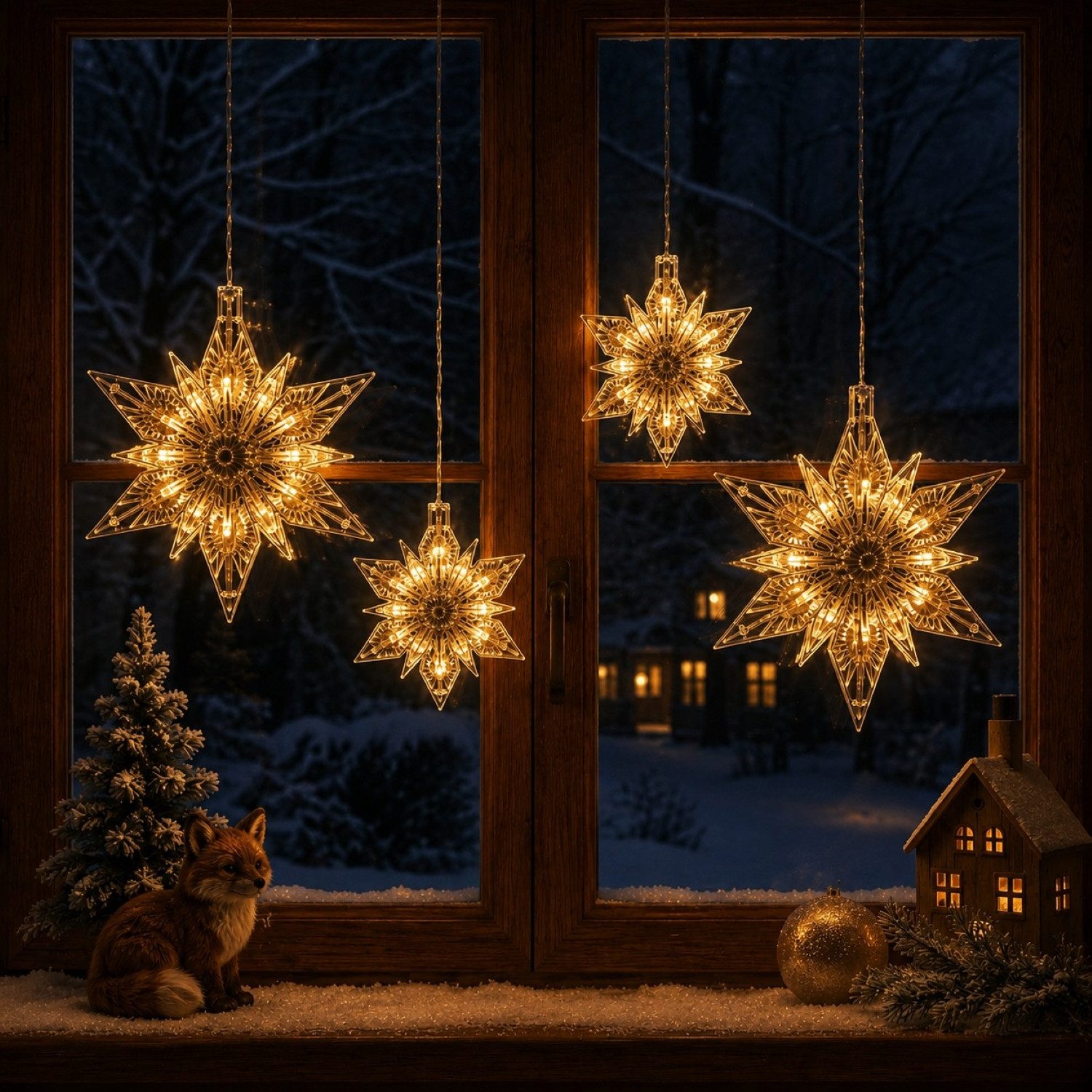 Online-Fuchs Fensterdekoration 4 Sterne aus Acrylglas mit LED-Beleuchtung & Timer - Weihnachtsdeko, einfache Anbringung durch Saugnapf - Warmweiß oder Bunt