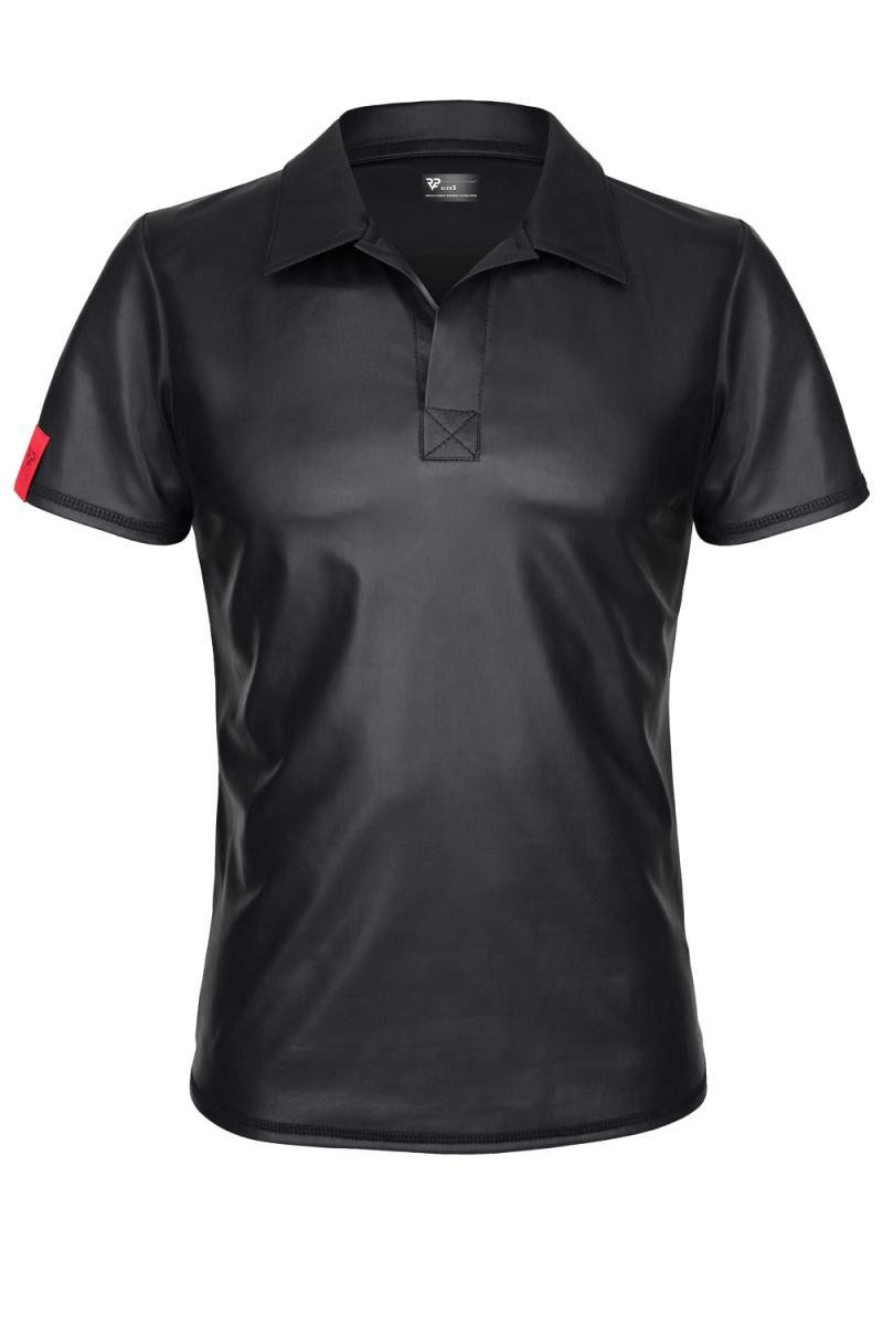 T-Shirt Herren T-Shirt schwarz aus wetlook Material mit Stehkragen Männer Polo