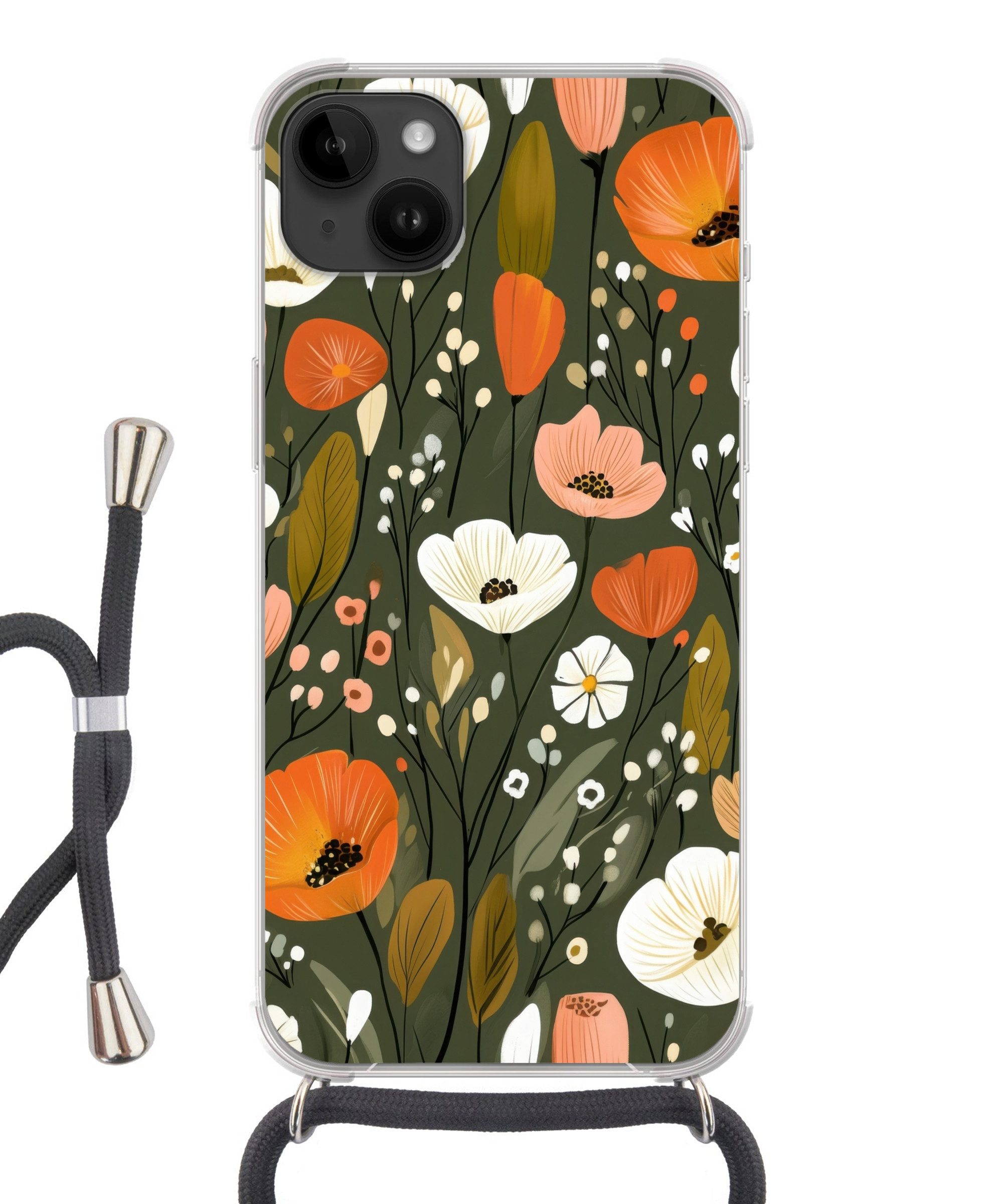 MuchoWow Handyhülle für Apple iPhone 14 Max Blumen - Illustration - Grün, Tragbare Handyhüllen mit Kette zum umhängen, Handykette Handyband