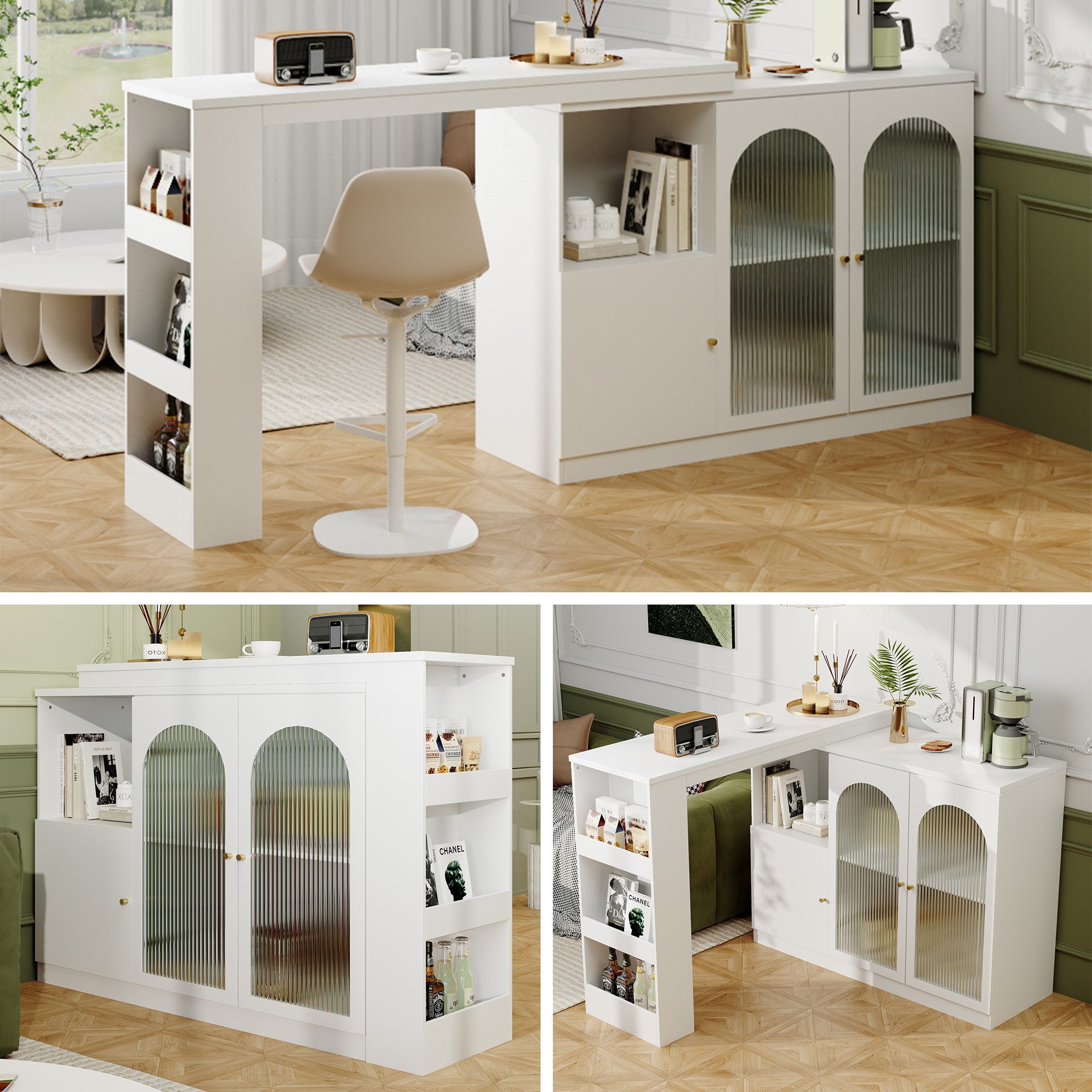MODFU Bartisch 360° drehbare Essbar (rotierender Ess-Barschrank, multifunktionaler Aufbewahrungsschrank, 3 Türen), mit Glastür, für Küche und Esszimmer