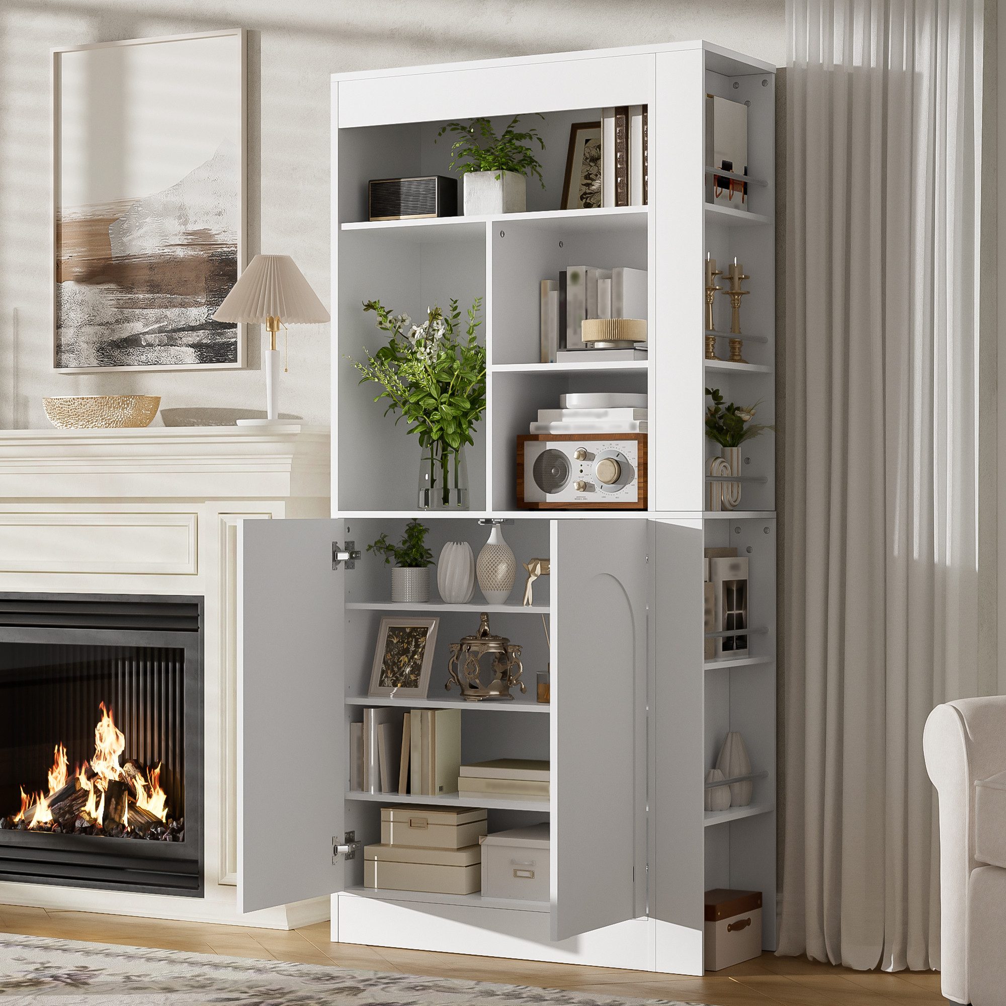 Flieks Bücherregal Hochschrank mit 2 Türen, offenem Regal und seitlichen Ablagefächern, 85×35×180 cm 1-tlg., multifunktionaler Mehrzweckschrank Aufbewahrungsschrank Weiß