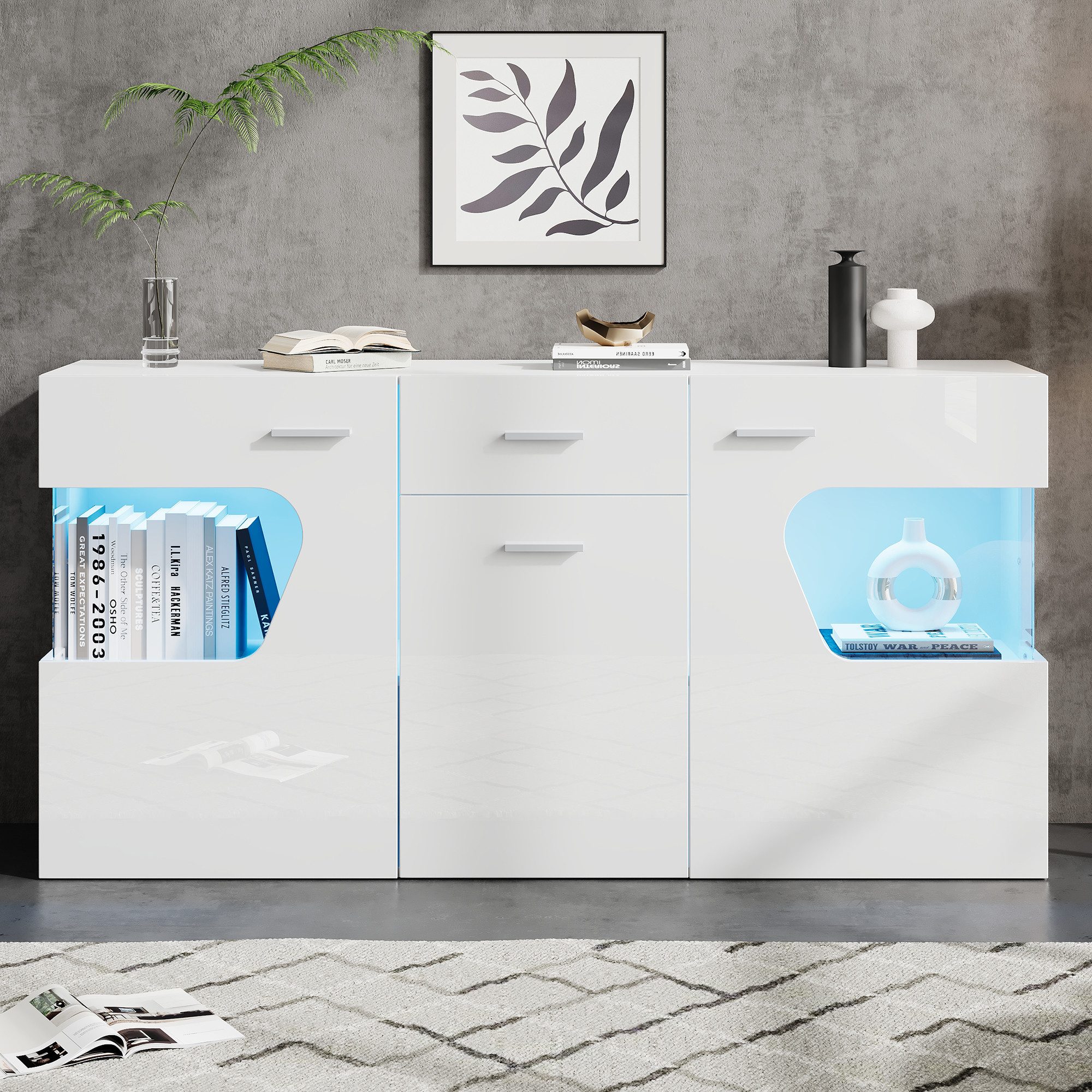 Merax Sideboard Hochglanz Vitrinenschrank Wohnzimmerschrank mit LED-Lichtleiste (140 L x 33 B x 70 H cm, 1 St), Kommode mit 3 Türen, Glasfronten aus Sicherheits – Bild 3 von 5