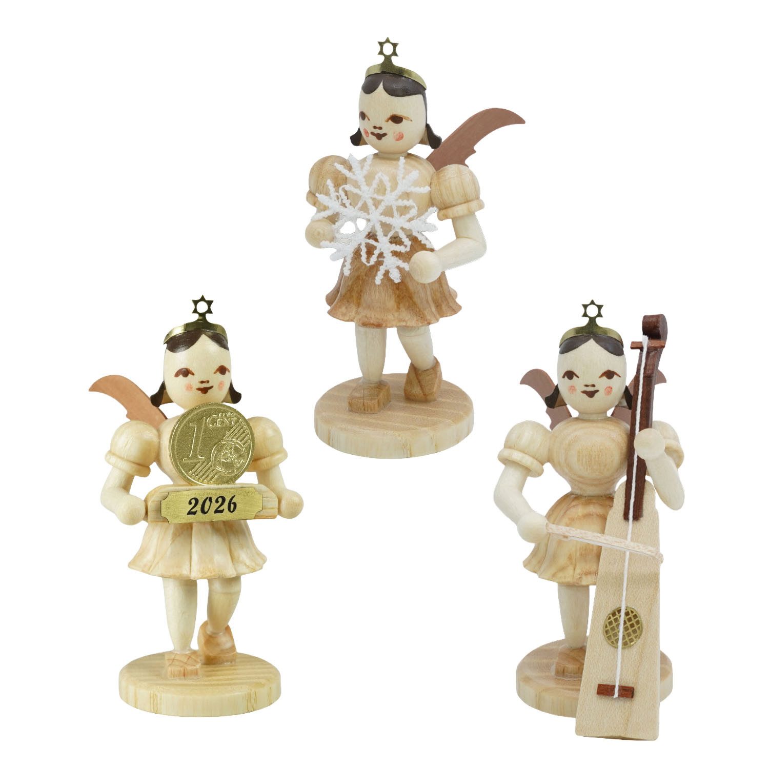 Blank Kunstgewerbe Engelfigur SET Engel Kurzrock natur Neuheiten 2026, 3-teilig (Spar-Set, 3 St., Trumscheit & Glückscent & Schneeflocke), Original Erzgebirge