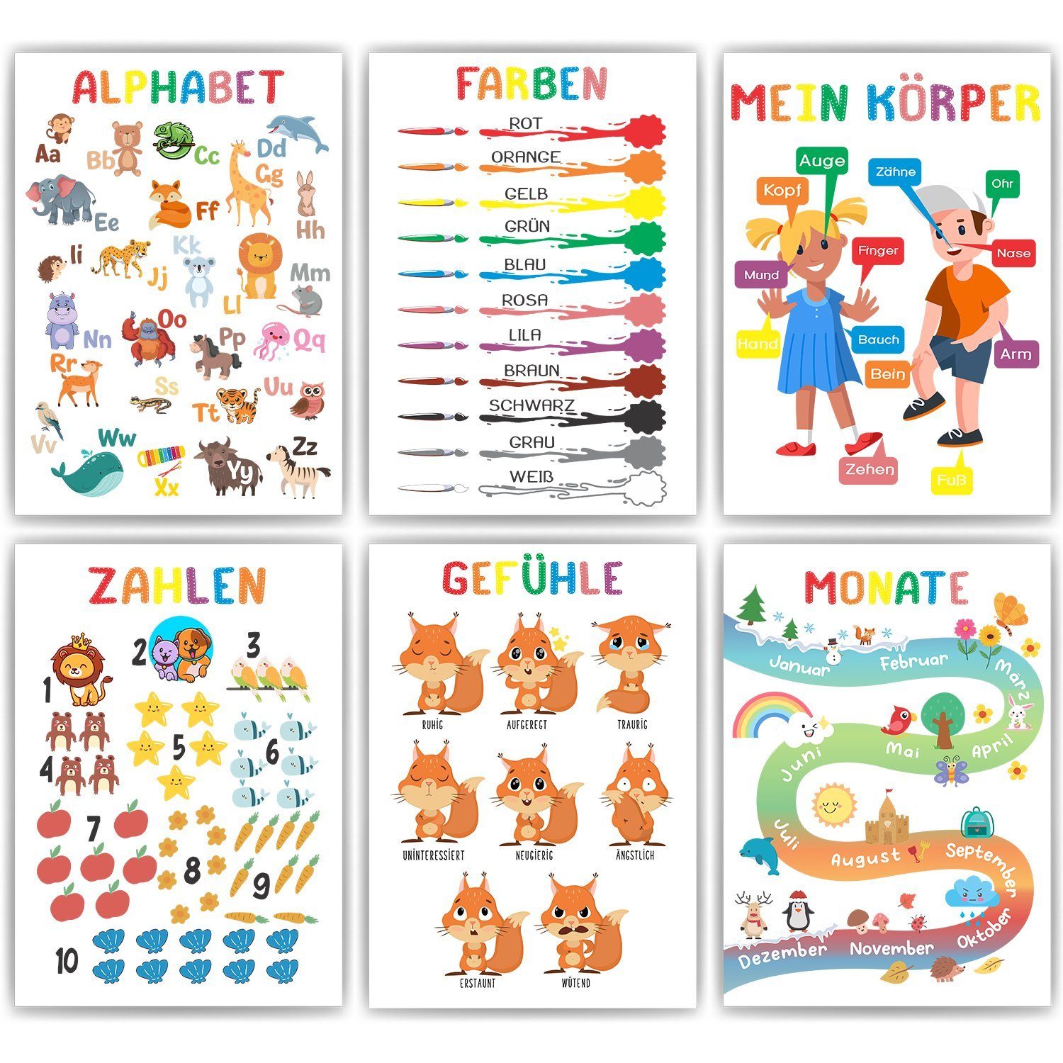 Tigerlino Poster 6er Set Alphabet, Farben, Körper, Zahlen, Gefühle, Monate günstig online kaufen