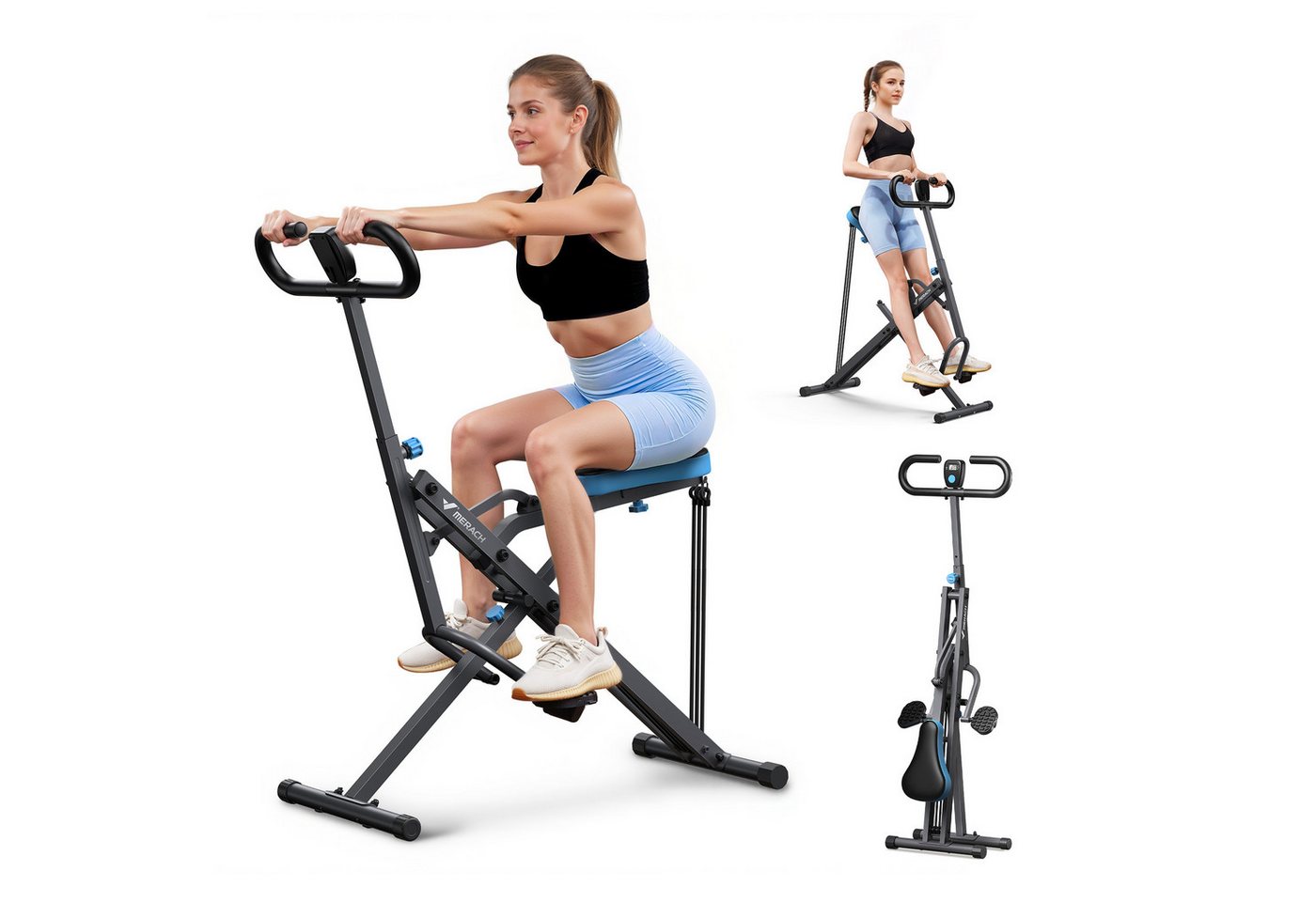 MERACH Bauchtrainer Fitnessgerät für Zuhause, Bauchmuskeltrainer, Rückentrainer (3 einstellbare Widerstandsbänder, bis 158 kg belastbar, klappbar, Platzsparend, verstellbarem Sitz, Armlehne und Lenker, LCD-Monitor), Kniebeugentrainer, Heimtrainer, Bauchtr