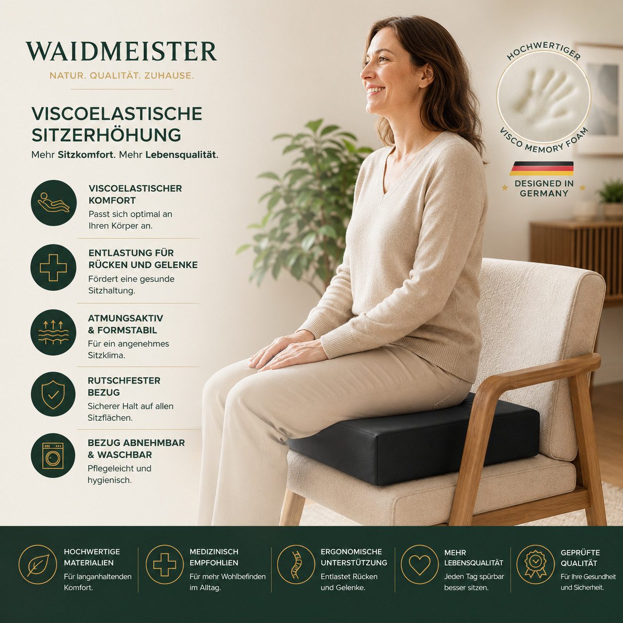 Waidmeister Stützkissen Orthopädische Sitzerhöhung viscoelastisches Stützkissen 40x40x10 cm, 1-tlg.