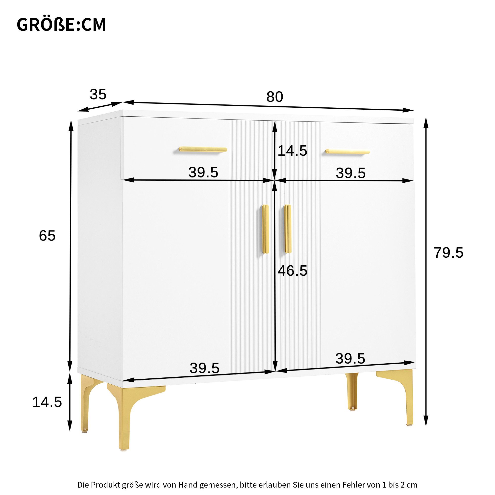 Flieks Kommode mit 2 Schubladen und 2 Türen Weiß (B80/T35/H79,5 cm, 1 St., für Wohnzimmer, Flur, Schlafzimmer und Esszimmer), Sideboard Mehrzweckschrank mit ver – Bild 5 von 5