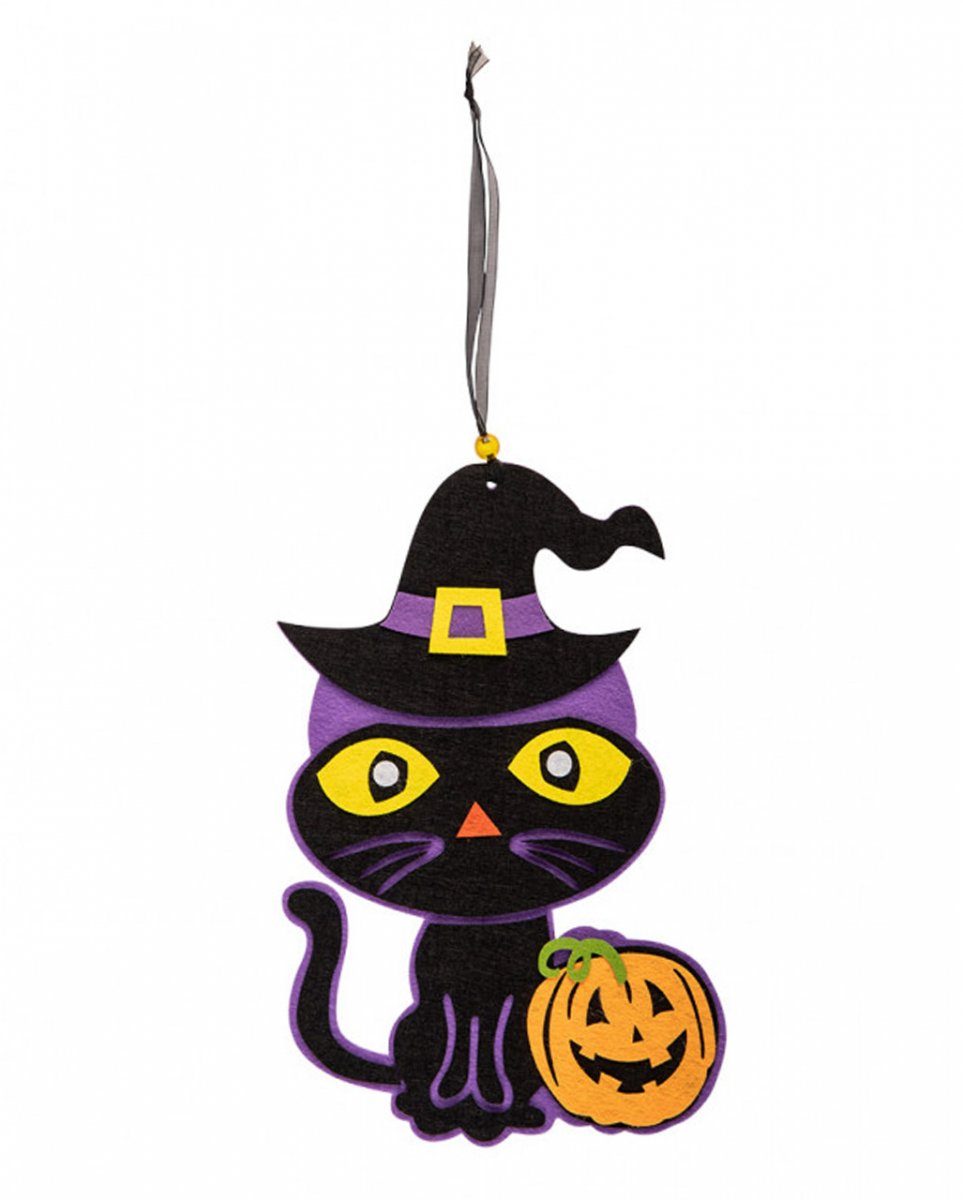Horror-Shop Hängedekoration Halloween Katze mit Hexenhut Filzdeko zum Aufhänge
