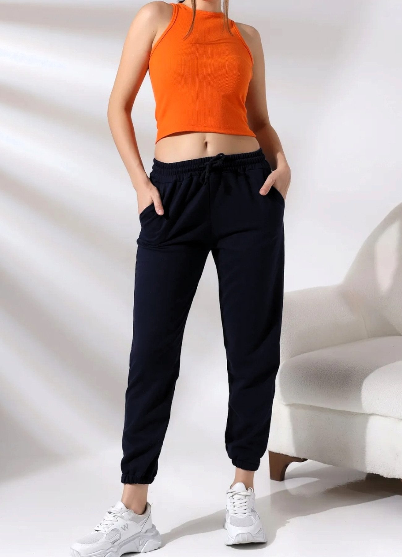 fashionshowcase Джоггеры Damen Sport Hose mit hohem Bund elastischem Tunnelzug und Taschen