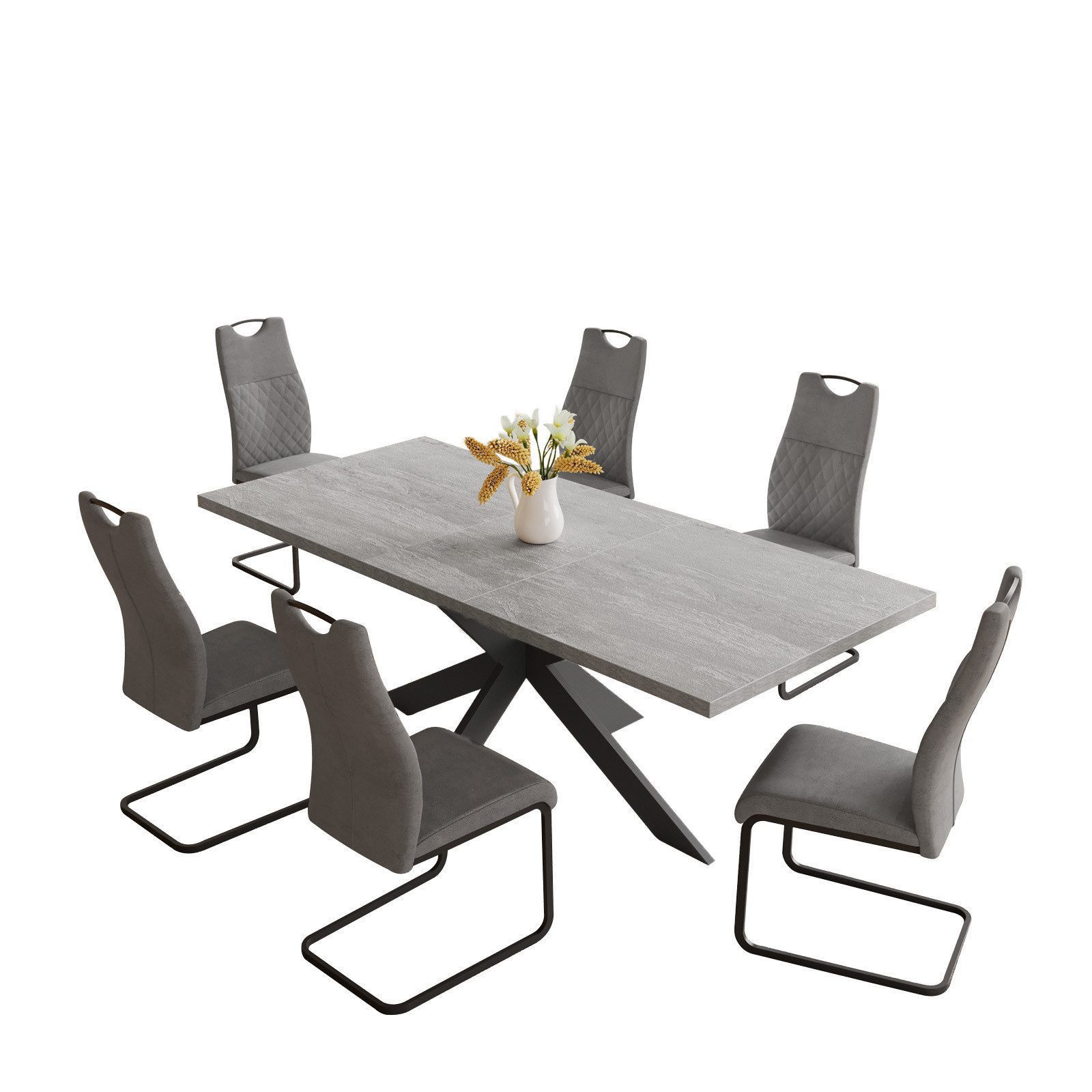 Jiexi Esstisch Tisch-und Stuhlset, Ausziehbarer Esstisch (130–170 cm) mit 4-6 Stühlen, ausziehbarer, hohe Härte, für 6 Personen