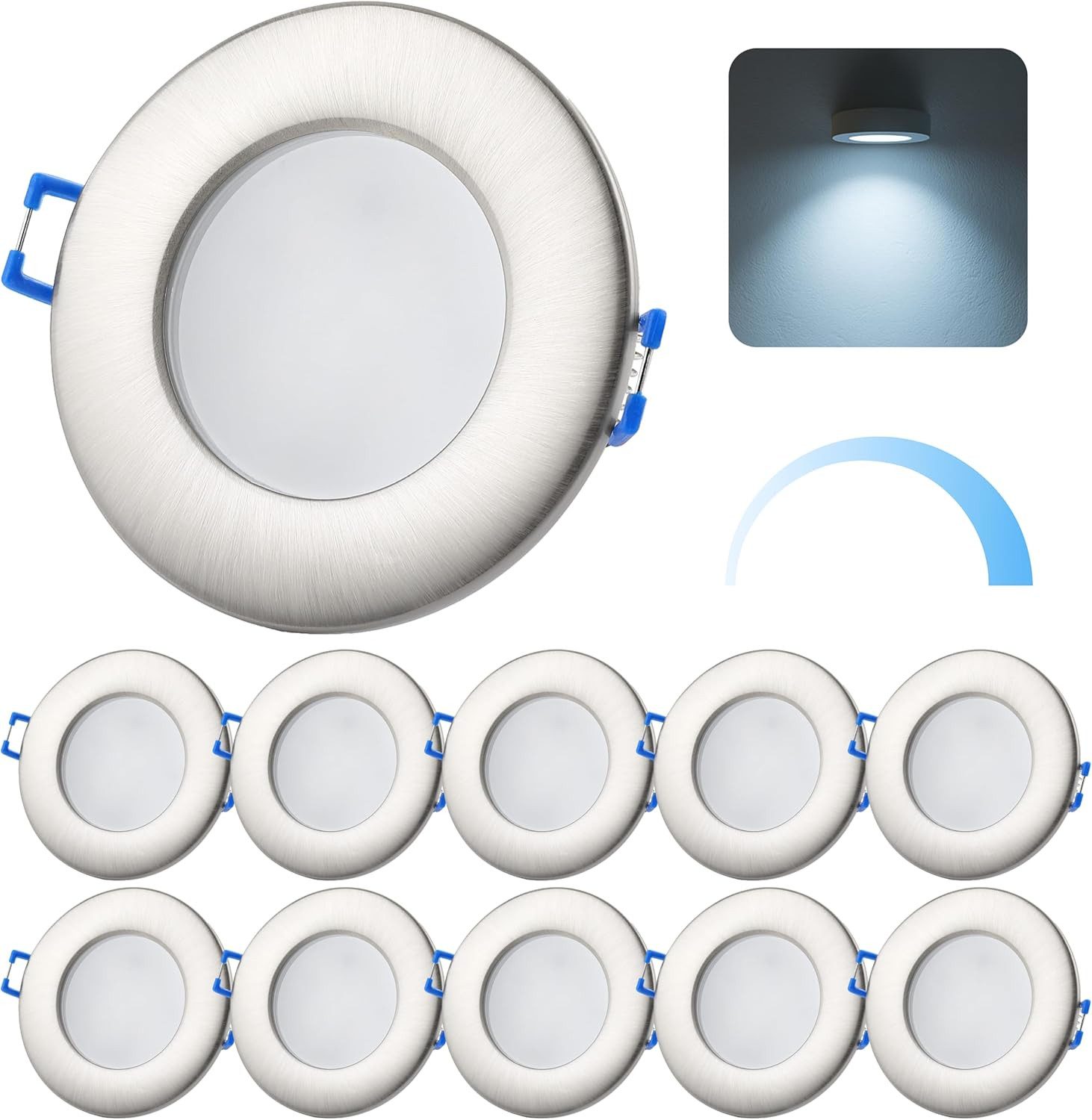 Sweet LED LED Einbaustrahler 10er SET IP44 6,5W 230V LED Einbauspots Bad 6500K dimmbar flach Chrom, Kaltweiß, 6500K, Deckenspots, Ø 85 mm, Einbauleuchten