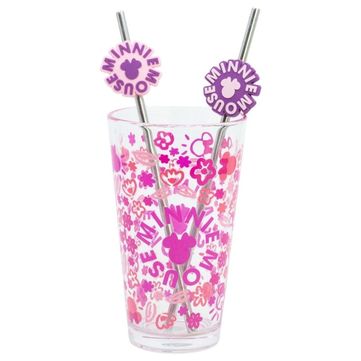 Disney Minnie Mouse Glas Glas 480 ml mit 2 Edelstahl Trinkhalmen, 3-tlg., Glas