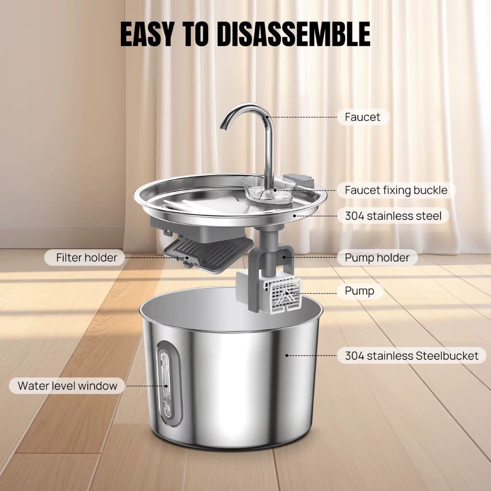 Athlix Napf Wassernapf für Katzen und Hunde, 2,2 l, mit dreifachem Filtersystem, Edelstahl, extrem leise Pumpe und LED-Anzeige