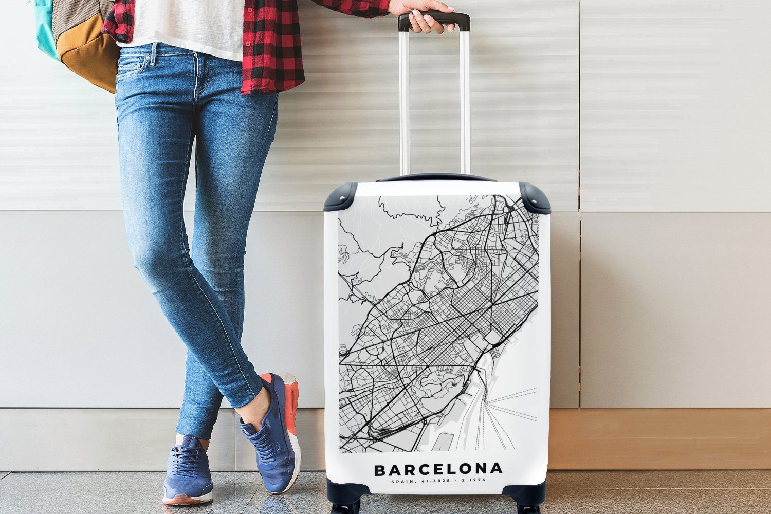- Handgepäckkoffer - 4 Reisetasche Ferien, - mit Karte Trolley, rollen, Reisekoffer Barcelona Handgepäck Stadtplan Schwarz MuchoWow weiß, und Rollen, für