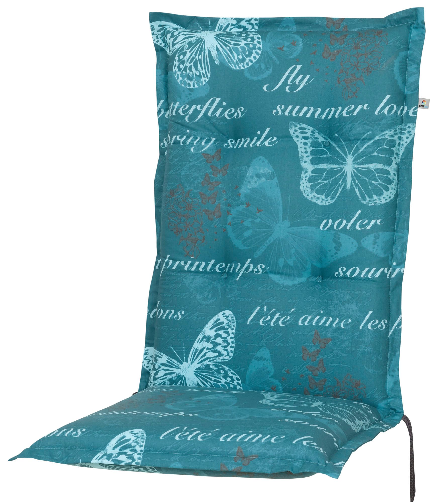 KETTtex Hochlehnerauflage Hochlehner Bali 2388 blau/petrol Schmetterlinge 120x49x8 cm KETTtex, (1 St), Halteband verstellbar mit Bindebändern