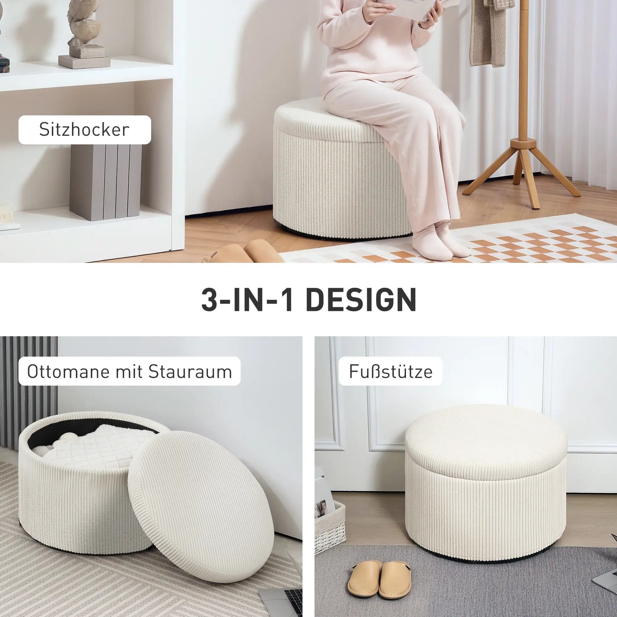 BlingBin Sitzhocker Runder Polsterhocker mit Stauraum Hocker mit Deckel (Schminkhocker, 1 St., Ottomane 60cm x 60cm x 41cm), Fußhocker mit 97 L Stauraum, Cordstoff, Schaumstoff, Sitzhocker, Beige