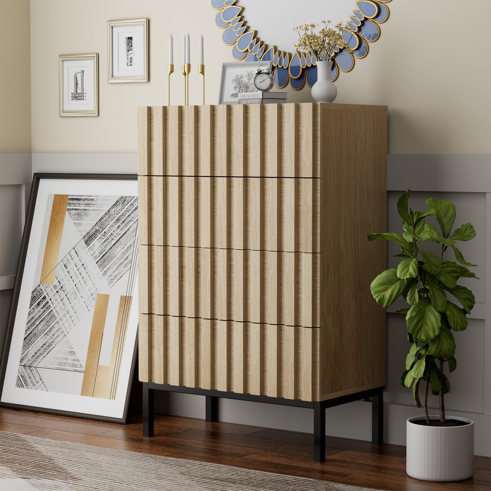 UEV Kommode schmal mit 4/5 Schublanden Sideboard Beistellschrank Buffet (Aufbewahrungskommode, Mehrzweckschrank aus Holz(Natur/Schwarz/Dunkelbraun), Schrank für Wohnzimmer,Schlafzimmer,Flur