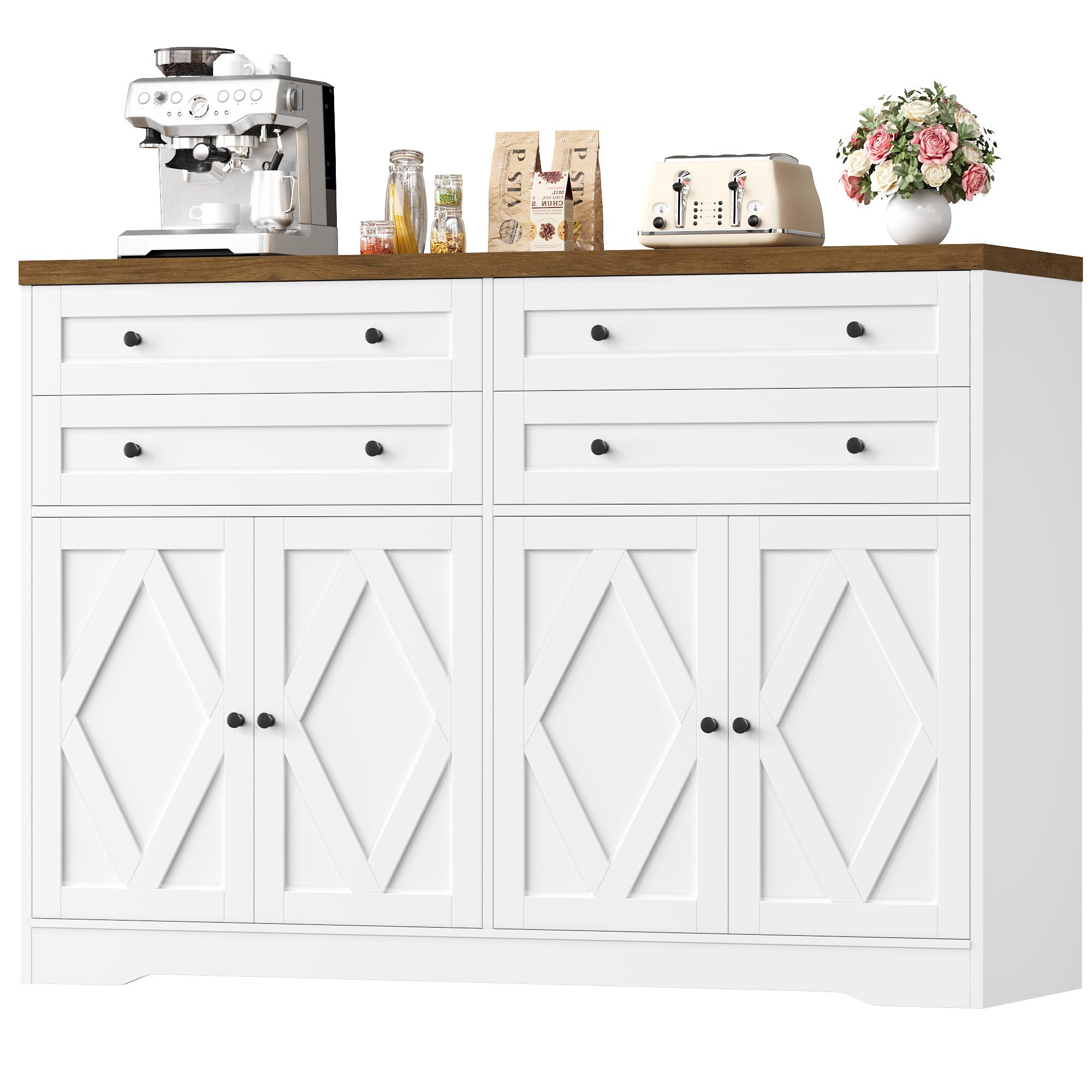 HOMECHO Sideboard, 132,7 cm Breit Küchenschrank mit 4 Schubladen 4 Türen