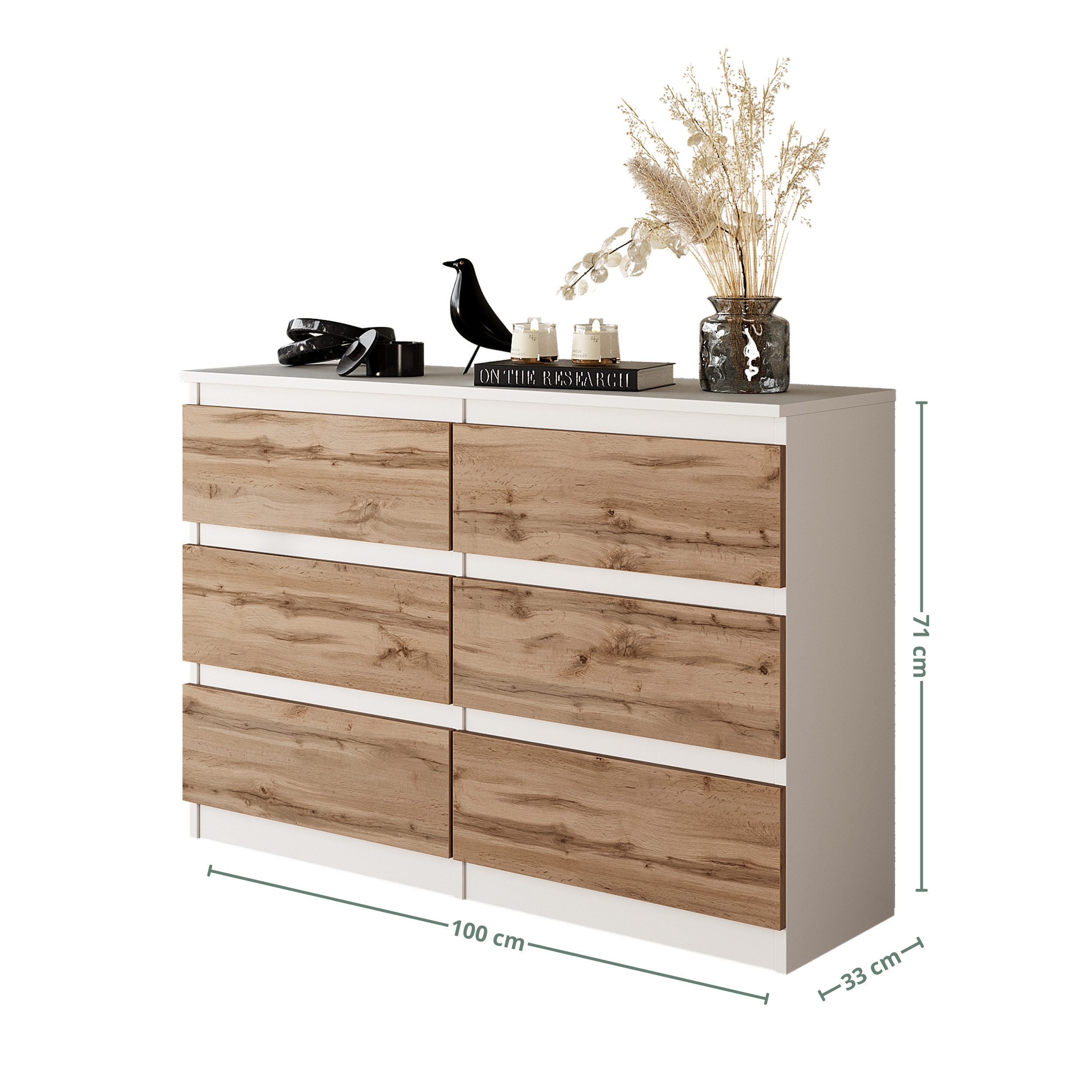 Furnica Kommode Weiß Kommode 100 cm Matt mit 6 Schubladen- Wohn - und Schlafzimmer