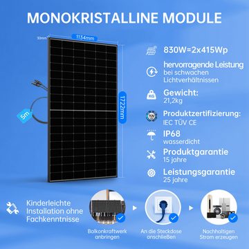 Asukale Solarmodul Solar Balkonkraftwerk 830W Komplett Steckdose Mit APP WiFi Halterung
